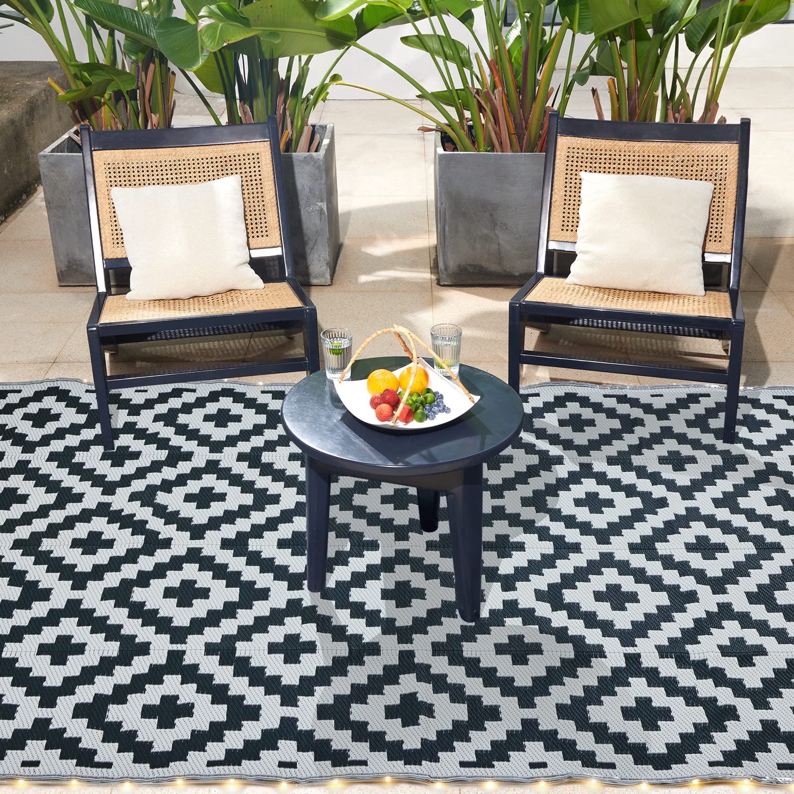 URBEST Reversible Waterproof Outdoor Camping Mat - 9x12 Feet Black & White RV Deck Porch Rug with LED Illumination | Perfect for Camping, Patio, RV & Outdoor Gatherings