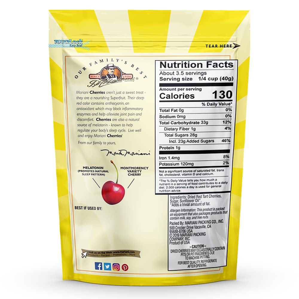 Mariani Dried Cherries - Healthy Vegan Snacks for Kids & Adults | Gluten-Free Dried Fruit | 5oz Pack of 4 | Perfect for Lunchboxes, Hiking & On-the-Go Snacking
