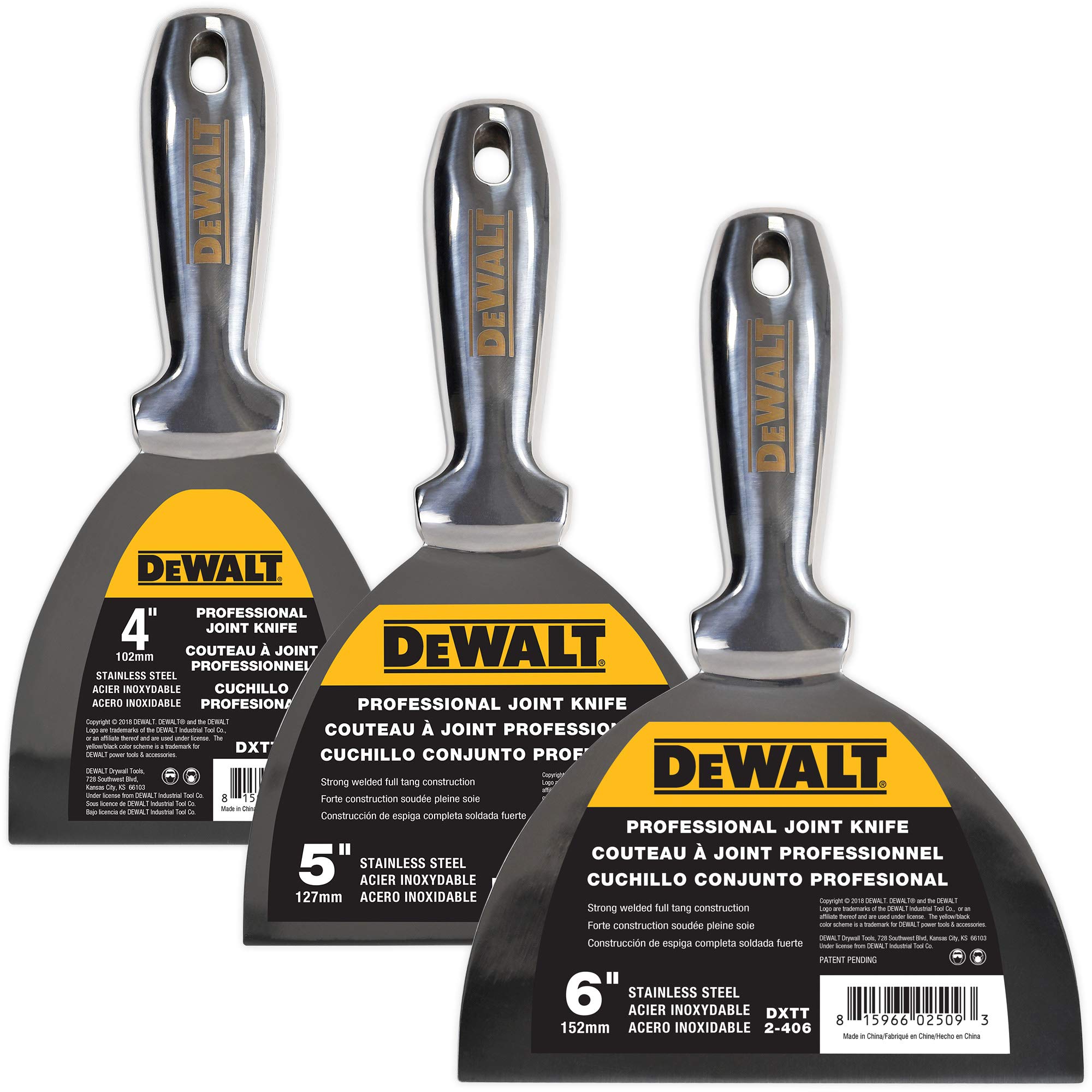 DEWALT Stainless Steel Joint Knife 3-Pack - Premium Putty Blades for Drywall & Painting