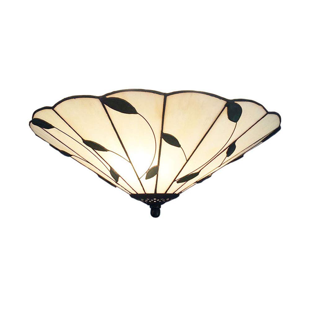 LITFAD 16-Inch Tiffany Style Flush Mount Ceiling Light - White Leaf-Themed Glass Lampshade for Bedroom, Living Room & Dining Room Lighting