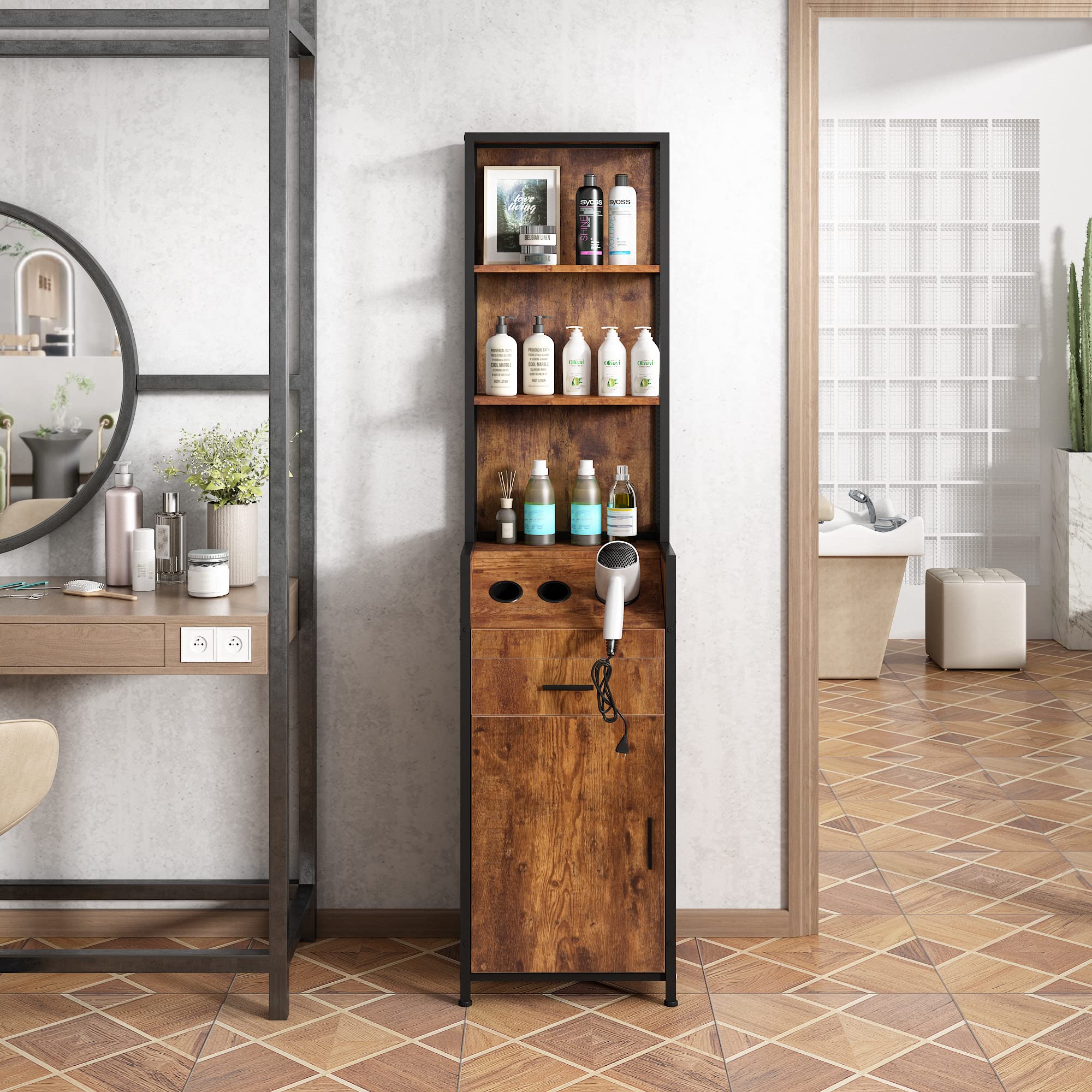 Professional Industrial Style Hair Salon Station - Heavy Duty Beauty Equipment for Stylists, Spas & Barbers - Rustic Brown Storage Cabinet with 3 Hair Dryer Holes & Lockable Drawers - Perfect for Salon Organization & Client Workstations