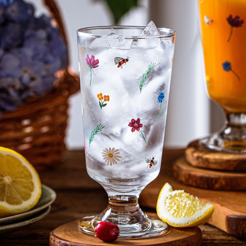 Elegant Daisy Printed Glass Set - Set of 2 Drinking Glasses for Juice, Cocktails & Iced Coffee - Perfect for Home, Parties & Gifts