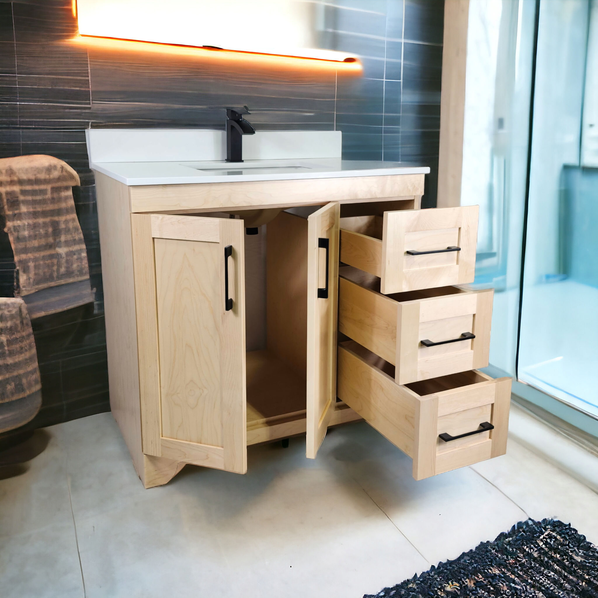 Natural Stain Bathroom Vanity with Quartz Countertop - 36