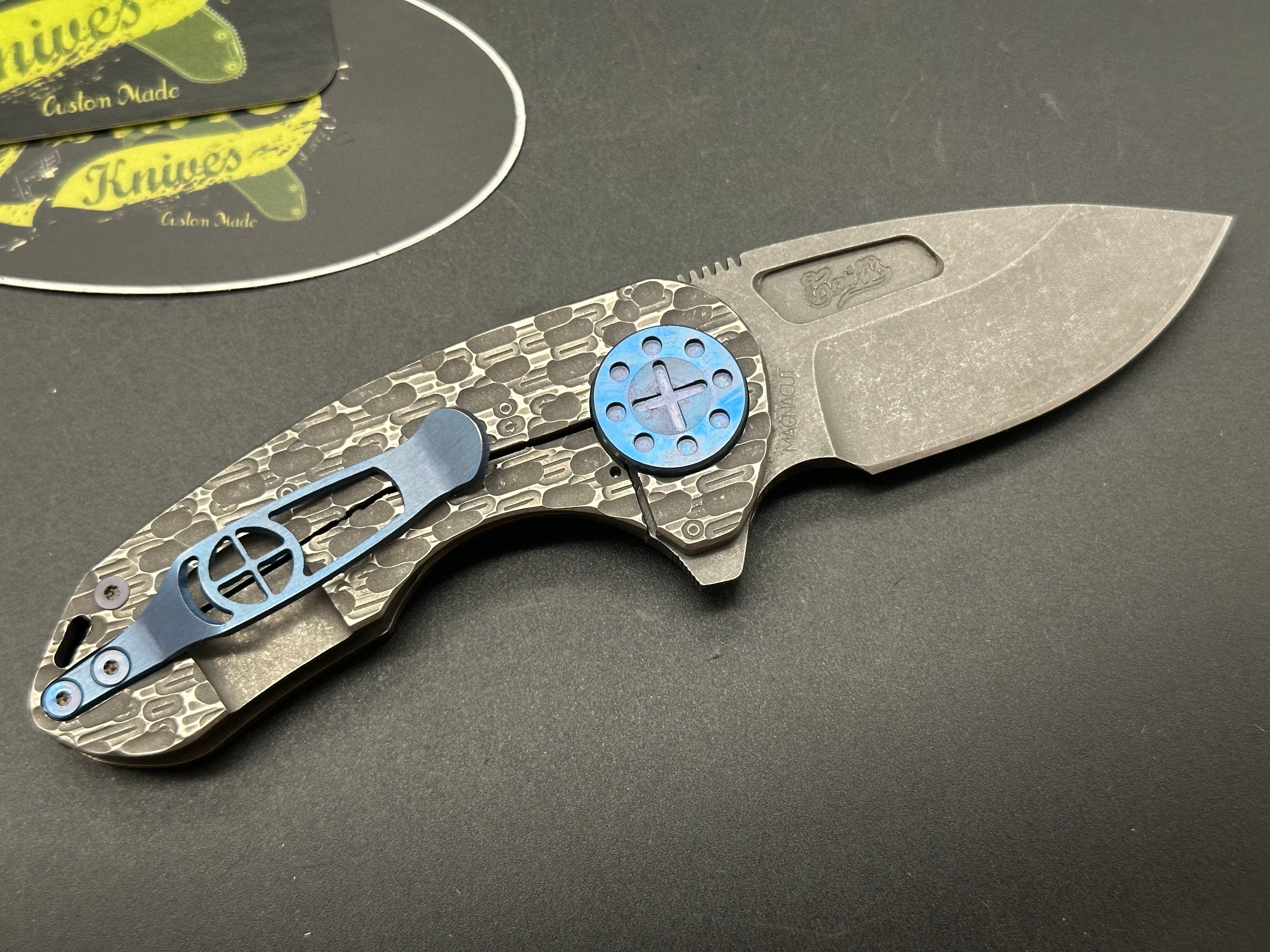 Curtiss Custom Knives F3 Compact Slicer Flipper - PM Mill Titanium Handle, Magnacut Steel Blade (Stonewashed Finish, Blue) - EDC Pocket Knife for Outdoor, Camping & Everyday Carry