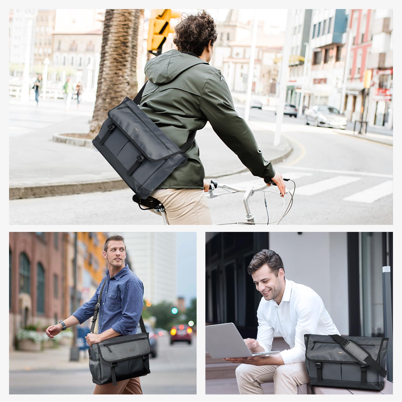 **Durable Waterproof Messenger Laptop Bag for Men & Women – 15.6 Inch Stylish Shoulder Bag with Crossbody Strap – Perfect for Work, School & Travel – Silver Grey**
