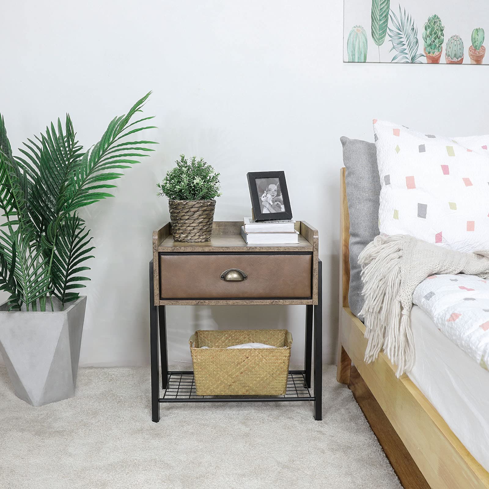 Rustic Nightstand with Drawer - Modern Tall Brown Bedside Table for Bedroom - Mid Century Night Stand with Sturdy Metal Wood Frame (24 Inch Height) - Perfect for Small Spaces, Apartment Living & Guest Rooms