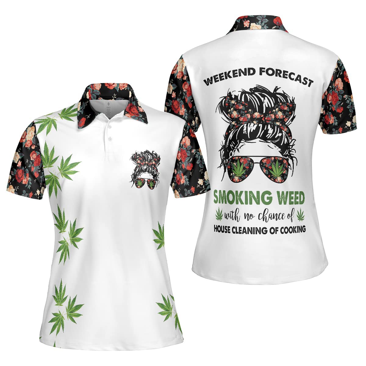 Women's Short Sleeve Polo Shirt with Floral & Cannabis Leaf Design - Casual Smoking Weed Graphic Top for Women & Men - Perfect Gift for Stoners & 420 Lovers - Great for Music Festivals, Beach Parties & Relaxing Weekends