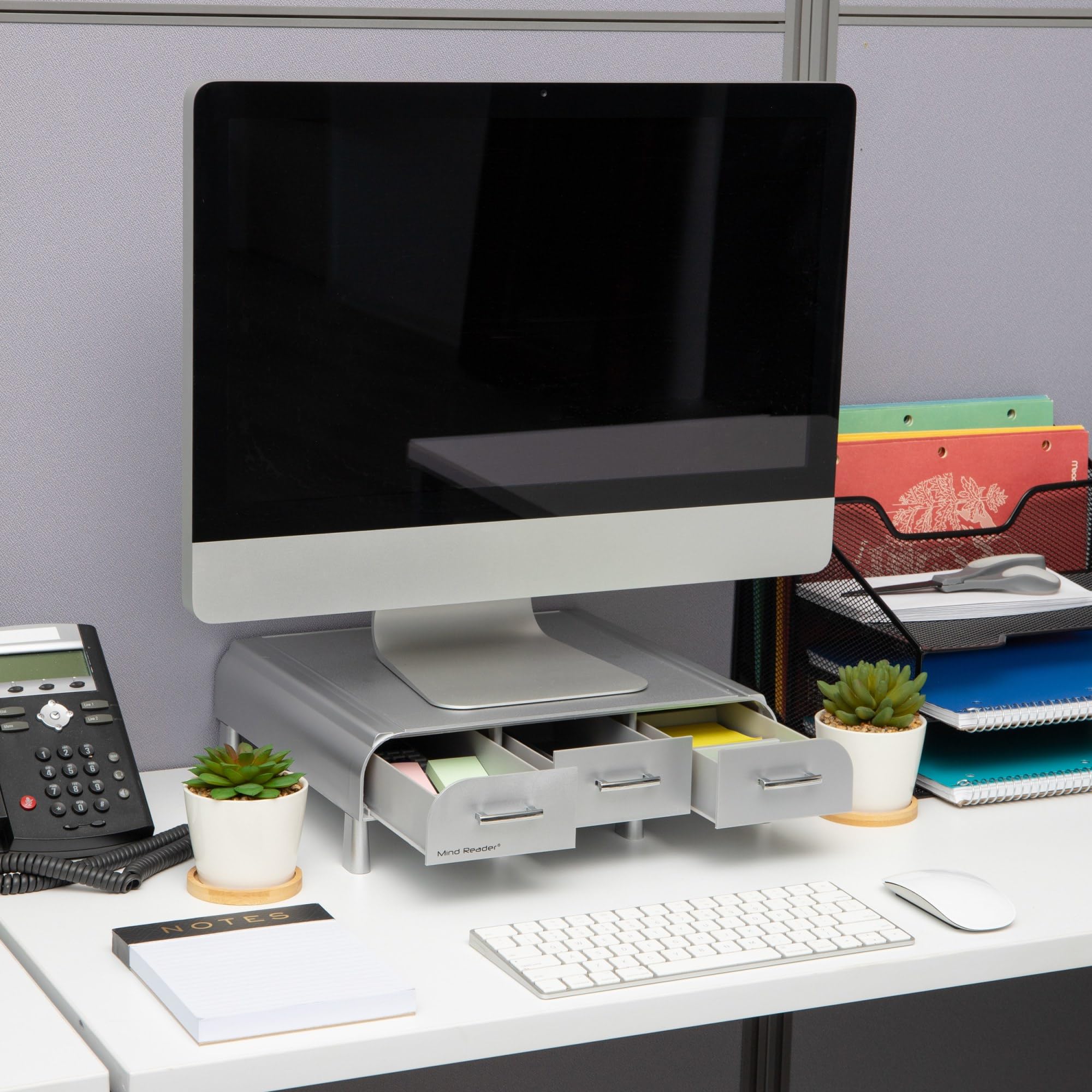 Mind Reader Silver Monitor Stand & Desk Organizer for PC, Laptop, iMac - Perfect for Home Office & Workspace Organization