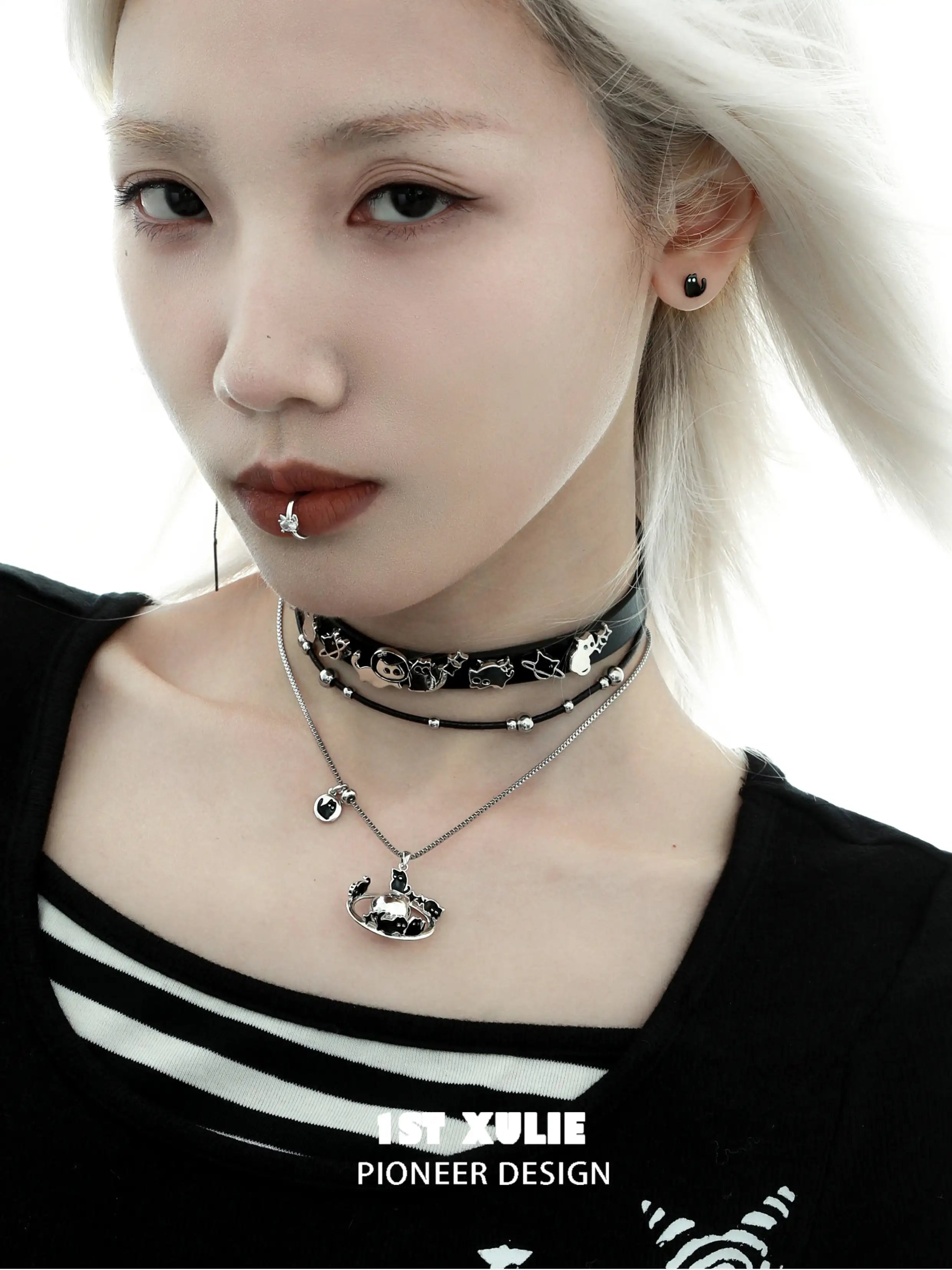 18K Black Gold Plated Leather Choker Necklace with Ghost & Black Cat Design - Gothic Jewelry for Women, Halloween Costume Accessory, Party Wear