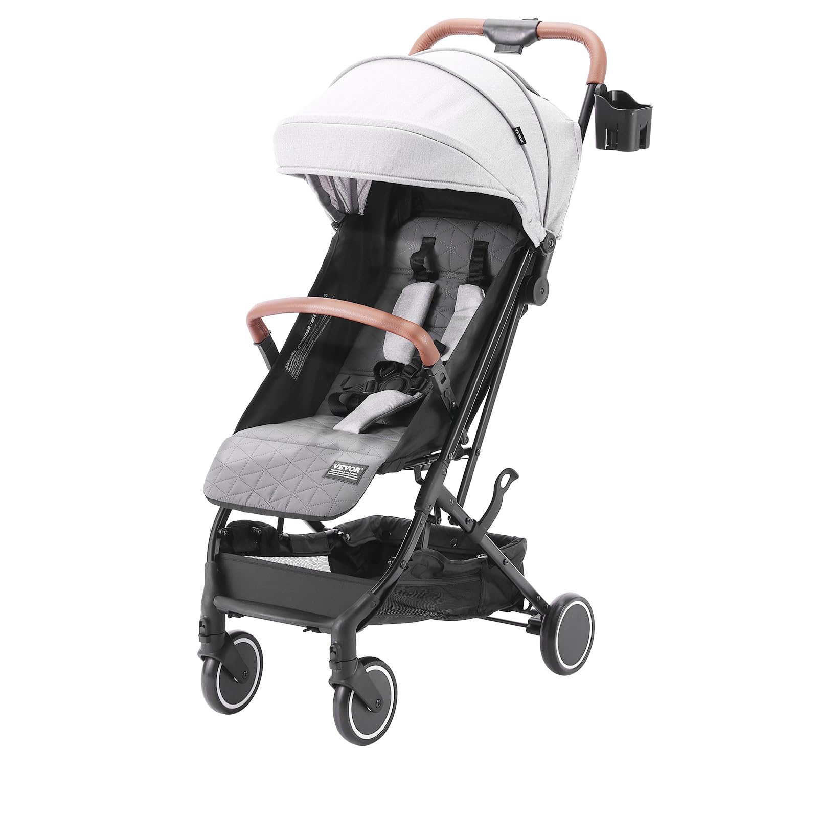 VEVOR Lightweight Baby Stroller with Adjustable Backrest (95°-150°) & Footrest (0°-90°), One-Click Fold, Cup Holder & Carry Bag - Perfect for Newborns & Toddlers - Ideal for Shopping, Travel & Daily Walks (Light Grey)