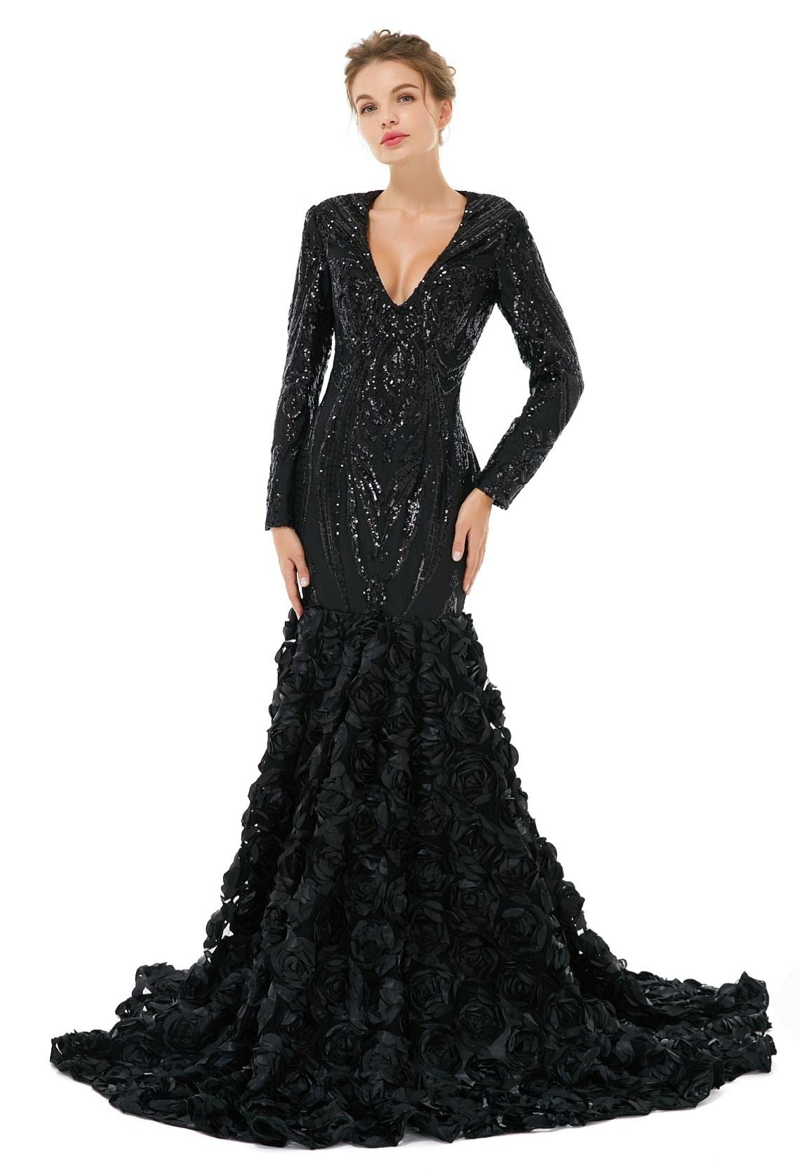 Engerla Long Sleeve V-Neck Sequin Mermaid Prom Dress with Lace & Rose Flower Train - Elegant Evening Gown for Formal Parties, Homecoming, Wedding Guest & Special Occasions