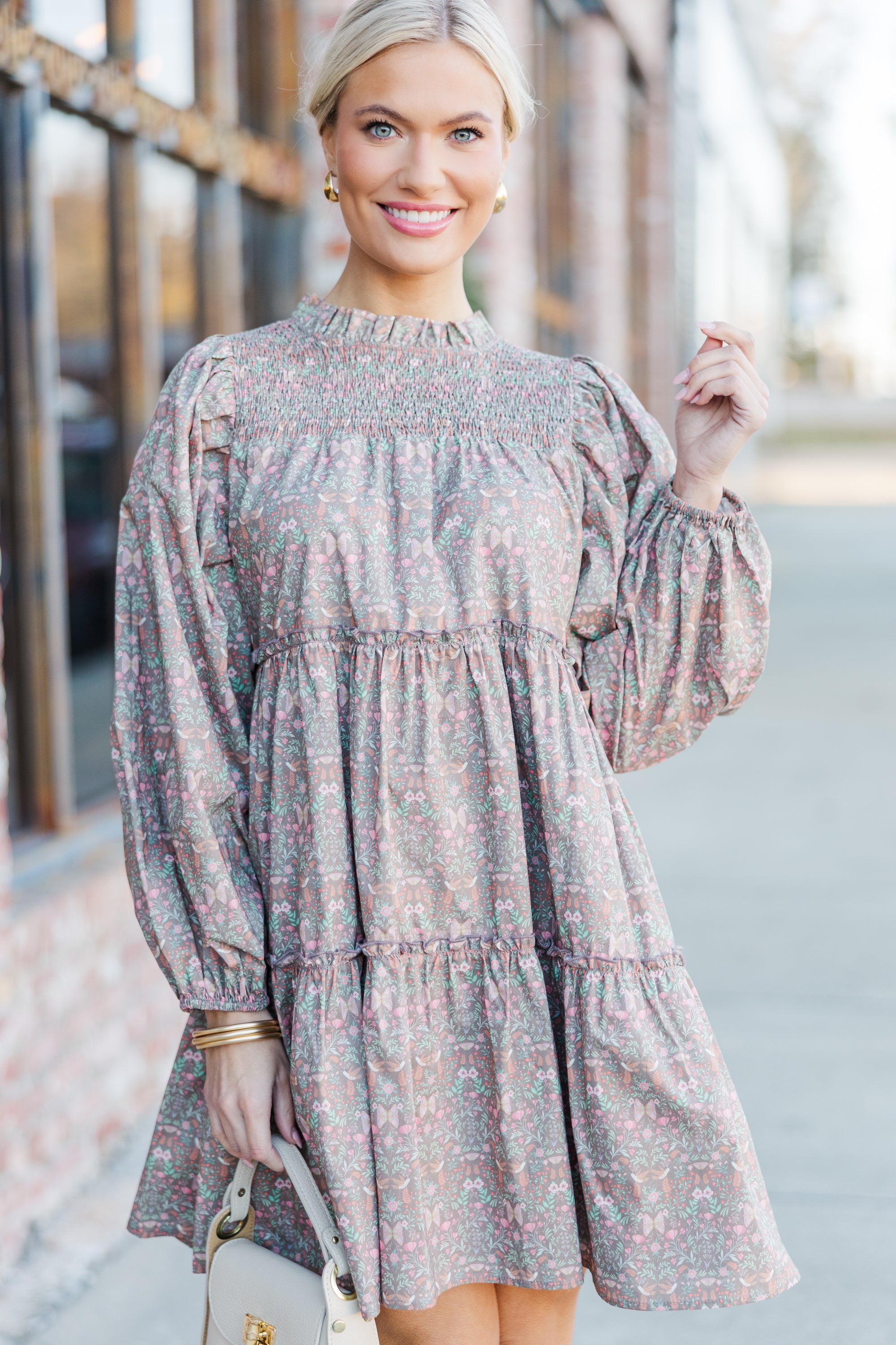 Elegant Muted Brown Floral Babydoll Dress for Women - Perfect for Casual Outings, Date Nights & Summer Vacations