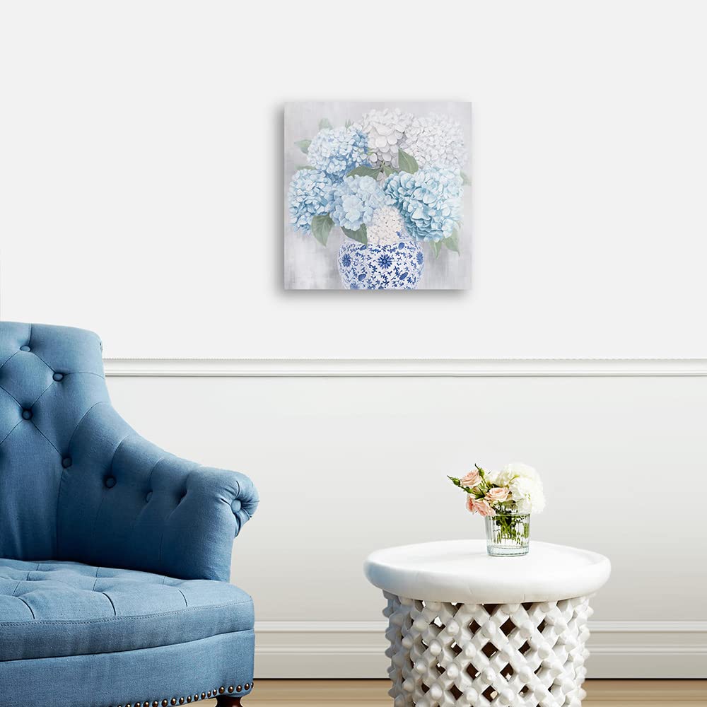 Blue and White Chinoiserie Hydrangea Canvas Wall Art - Oriental Chinese Porcelain Vase Flower Painting - 12x12 Inch Framed Print for Bedroom, Bathroom, Living Room Decor - Perfect for Home, Office & Gift Giving