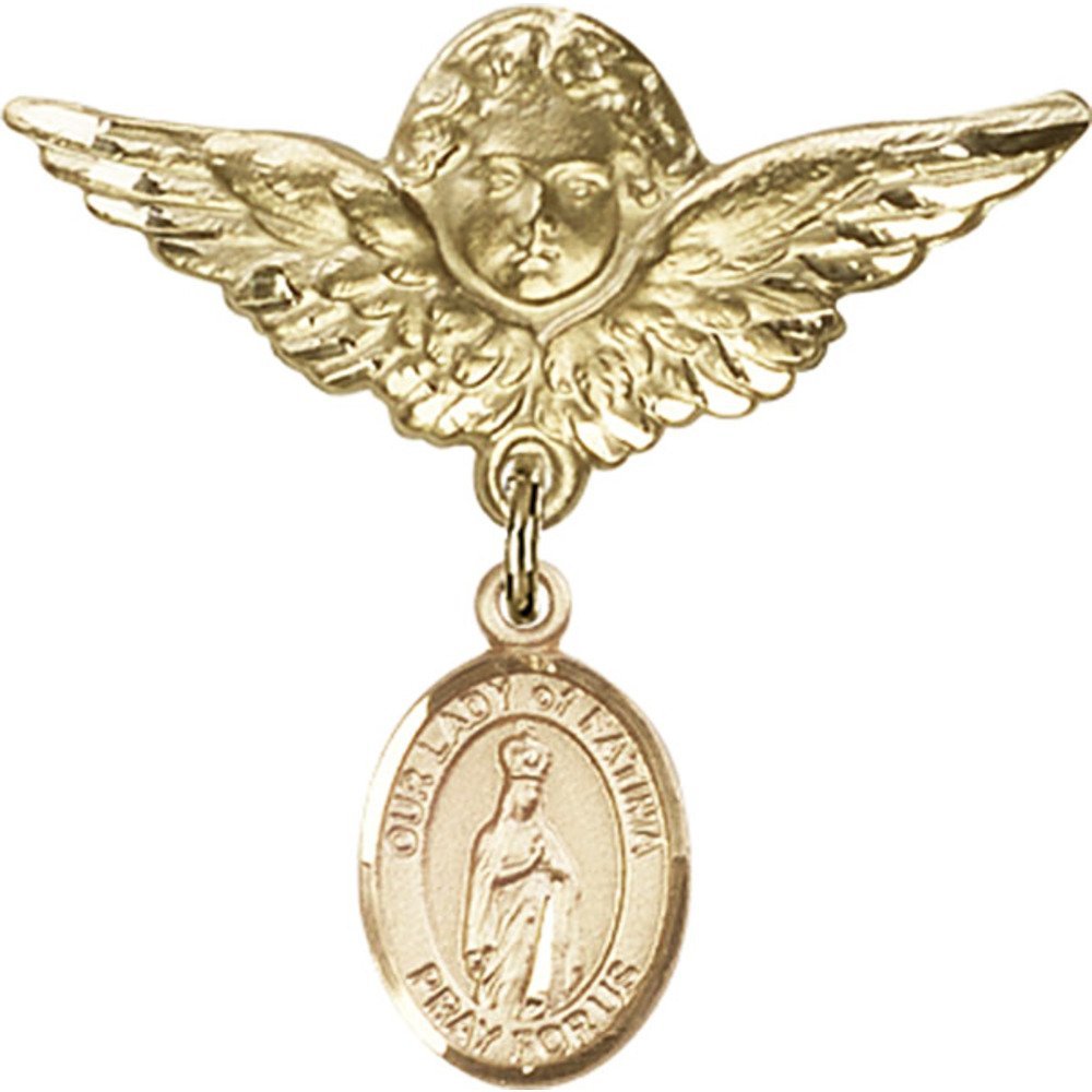 Gold Filled Our Lady of Fatima Charm & Angel Wing Badge Pin - 1 1/8 X 1 1/8 Inch Religious Jewelry for Baby Baptism, First Communion & Christening Gifts