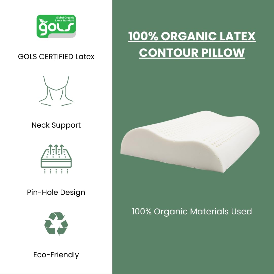 Organic Contour Latex Pillow with GOTS & GOLS Certified Organic Cotton Cover - Firm Support for Neck Pain Relief & Head Alignment - Ideal for Side & Back Sleepers - Perfect for Home, Office & Travel Use
