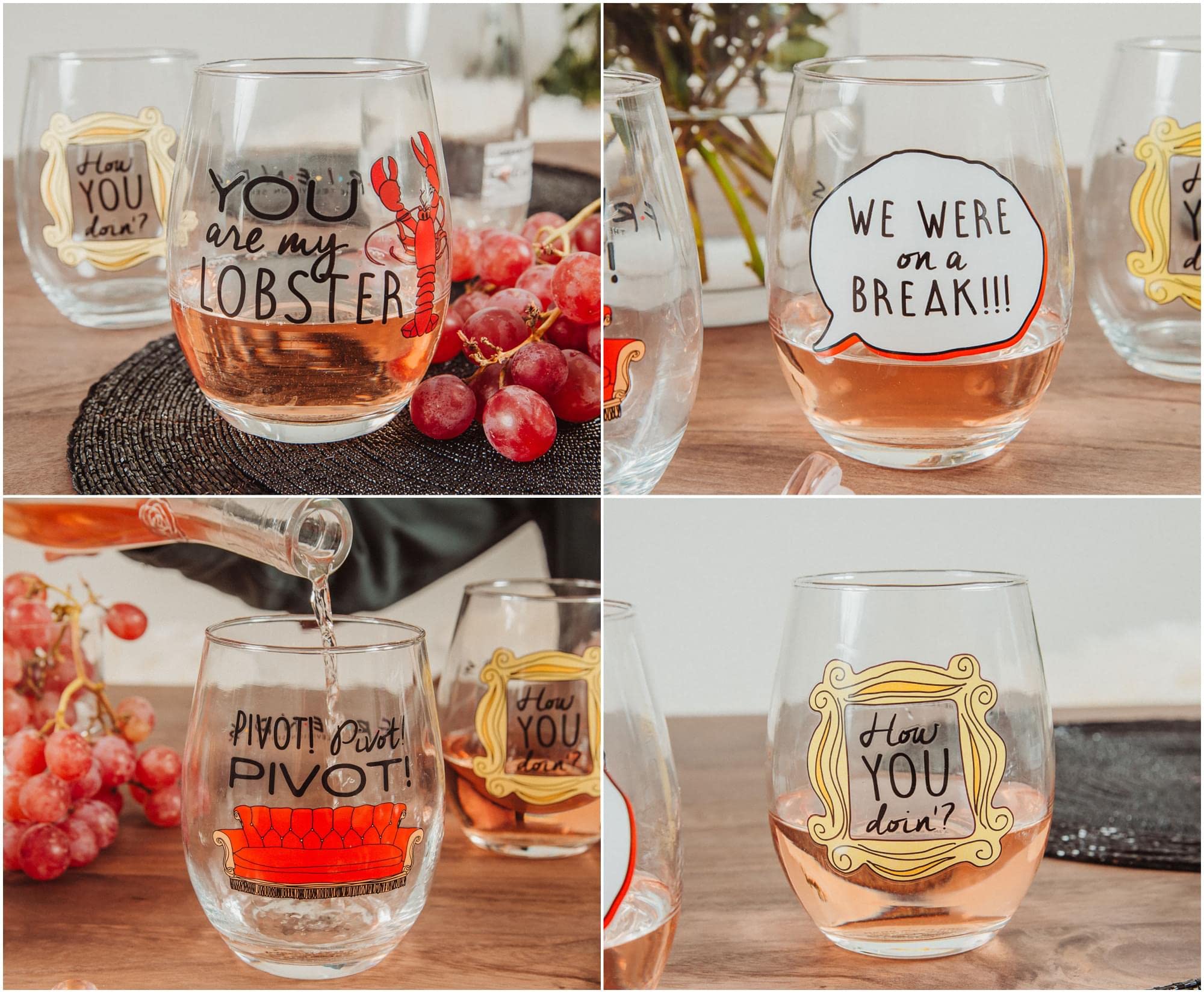 Friends TV Show Iconic Quotes Stemless Wine Glasses Set of 4 - Perfect for Parties, Gifts & Home Decor