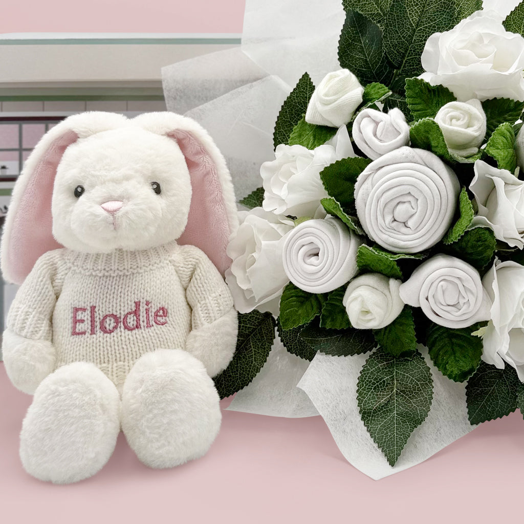 Hand-Tied Baby Clothes Bouquet with Personalized Bunny Plush - Pink Baby Shower Gift for Newborn Girls | Perfect for Baby Showers, Gender Reveals & Nursery Decor