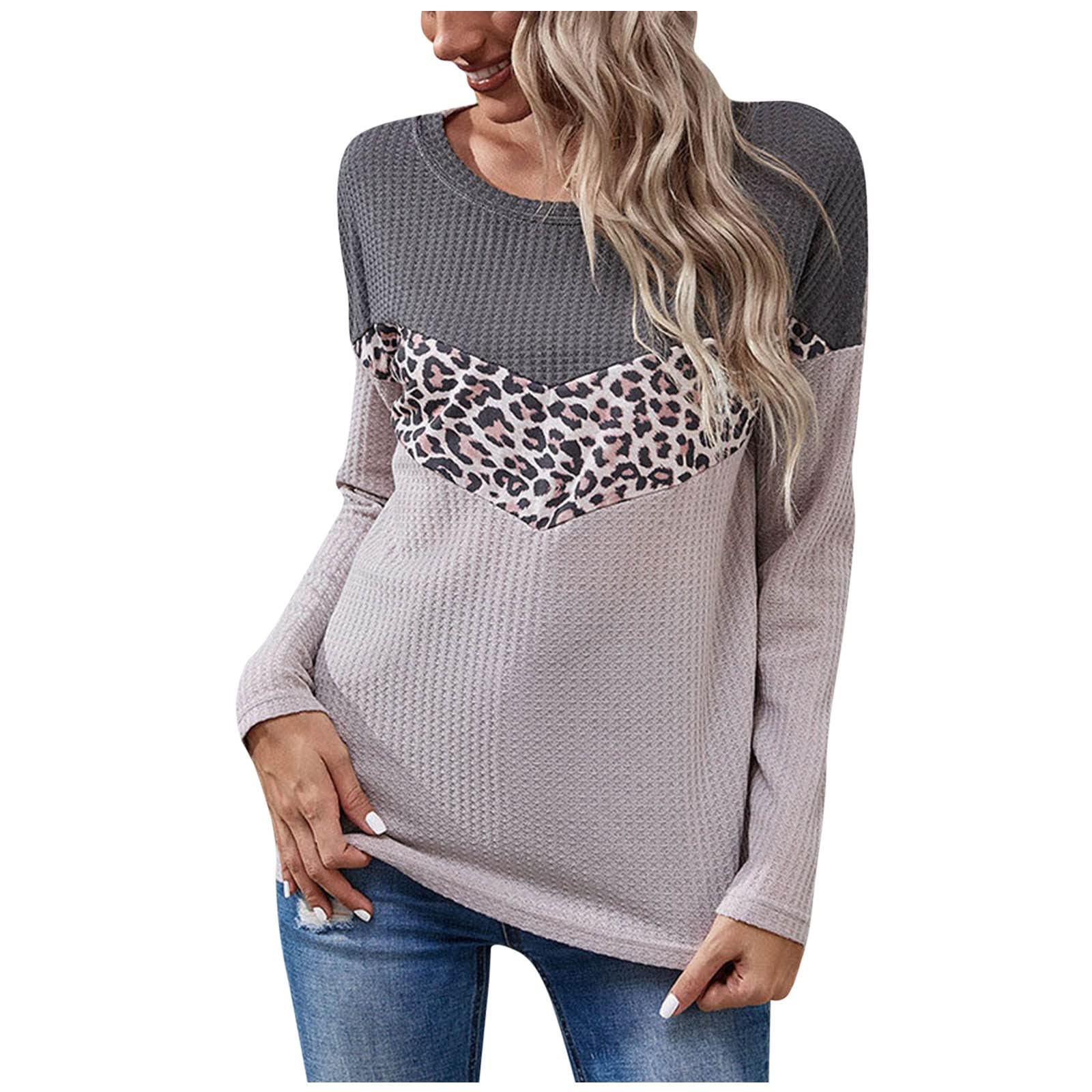 Women's Waffle Knit Long Sleeve Leopard Print Pullover Top - Casual Round Neck Loose Fit Comfortable Blouse for Fall | Perfect for Weekend Outings, Coffee Dates & Autumn Layering