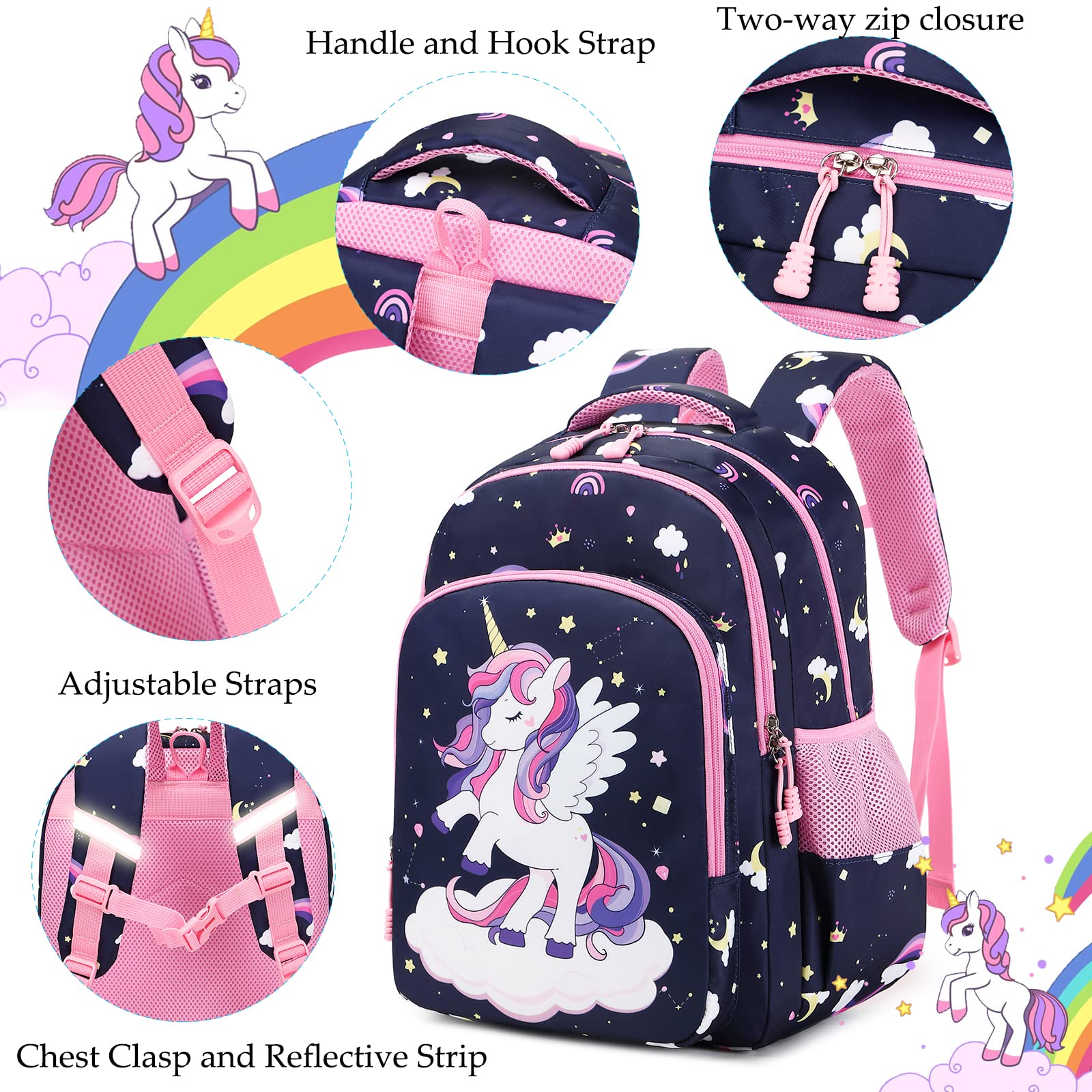 Unicorn Backpack for Girls - 3 in 1 School Bookbag Set with Pencil Case & Lunch Box | Cute Elementary Backpack for Kids | Perfect for School, Travel & Daily Use