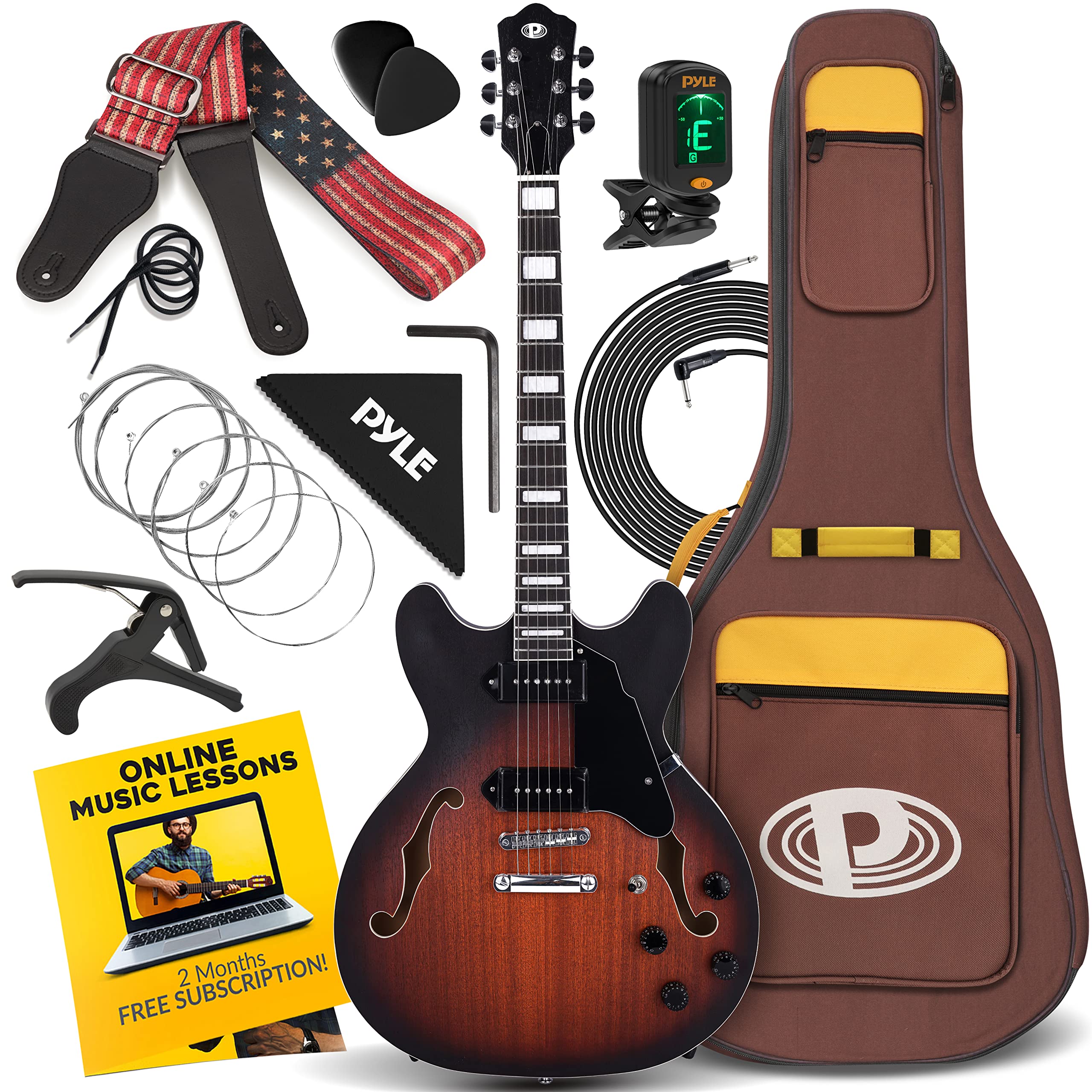Pyle Semi Hollow Body Electric Guitar Kit - 6 String Jazz Style Full Size (41.8