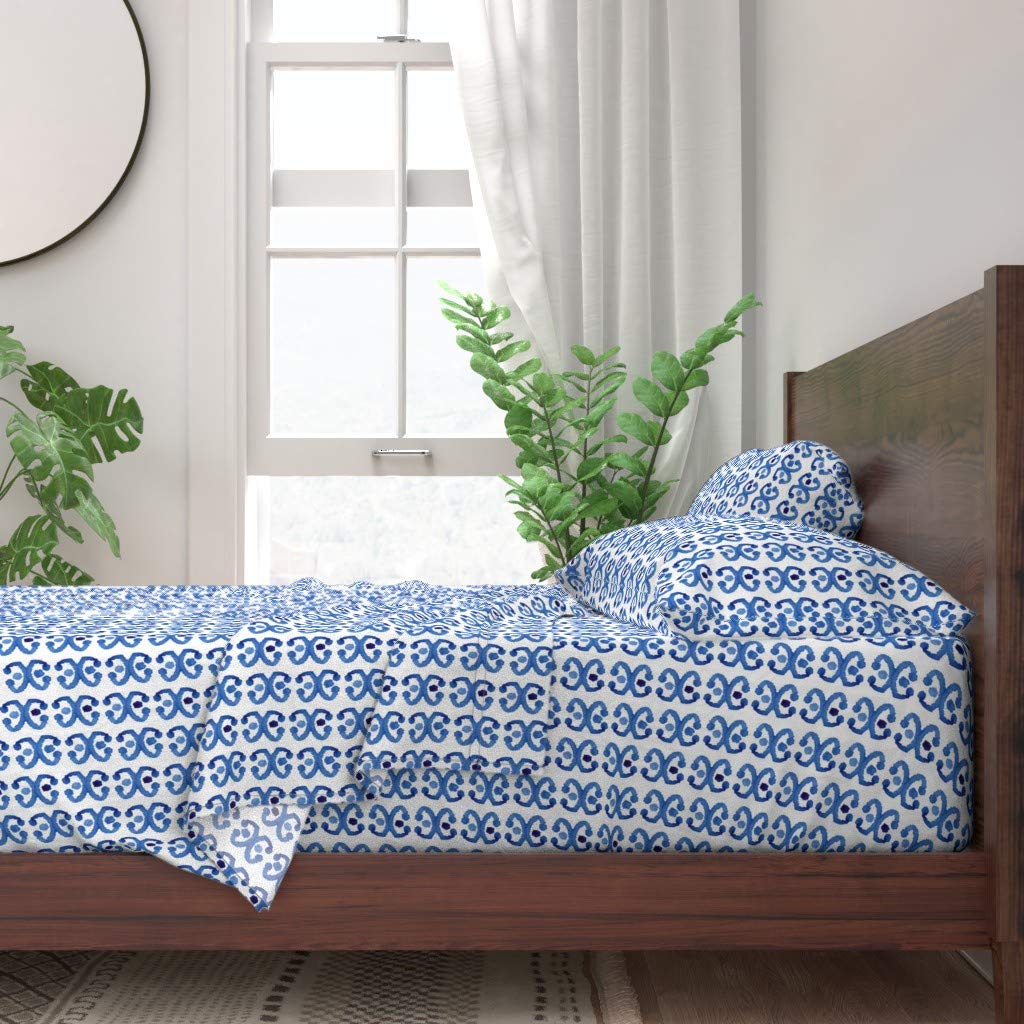 Premium 100% Cotton Twin Sheet Set (3-Piece) - Blue Indigo Boho Watercolor Ikat Tribal Ethnic Abstract Print | Soft & Breathable Bedding for Home, Dorm, or Guest Room