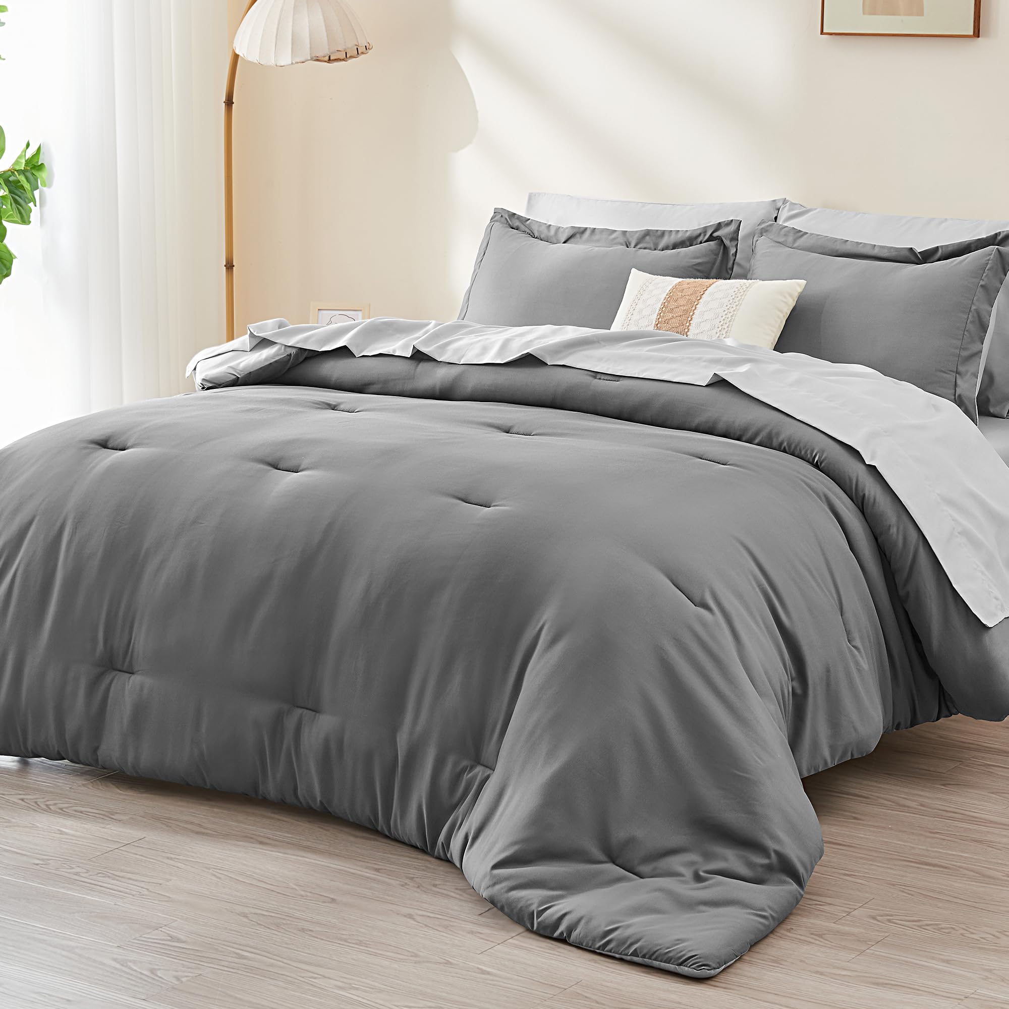 INFIIXSO King Size Comforter Set - 7 Piece Reversible All Season Bedding Set with Comforter, Sheets, Pillowcases & Shams, Grey Luxury Bed in a Bag - Perfect for Master Bedroom, Guest Room & Dorm Decor