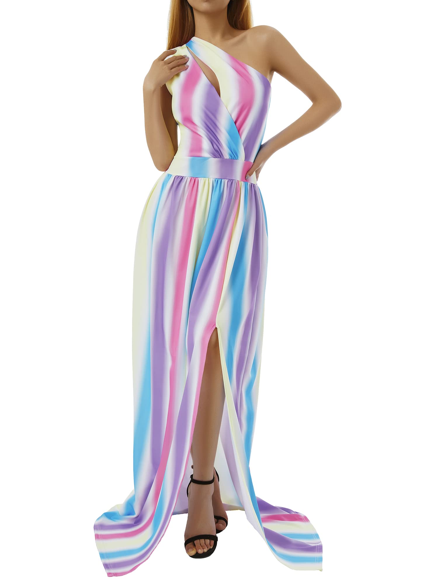 Elegant Women's One Shoulder Formal Evening Dress - Floral Tie Dye Print Sleeveless High Slit Pleated Maxi Dress for Prom, Wedding & Cocktail Party (Tie Dye, XXL)
