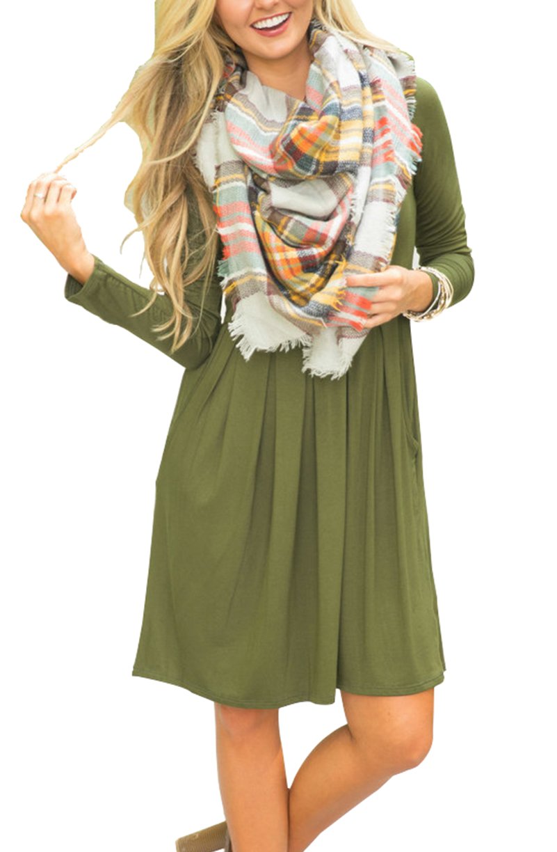 AUSELILY Women's Long Sleeve Pleated Swing Dress with Pockets - Knee Length Casual Loose Fit Dress for Everyday Wear, Office & Date Night | 2025 New Collection