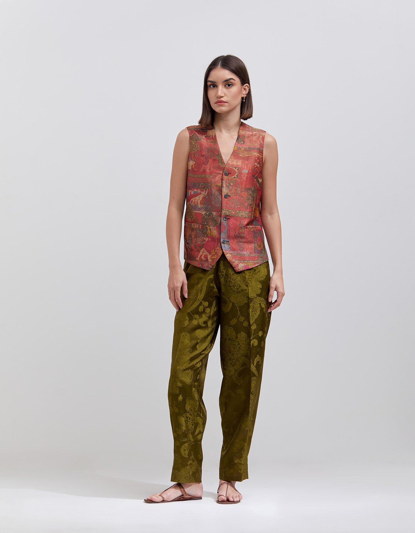Silk Brocade Vest with Zig Zag Crimson Panchatantra Design - Elegant Traditional Indian Wear for Weddings & Festivals