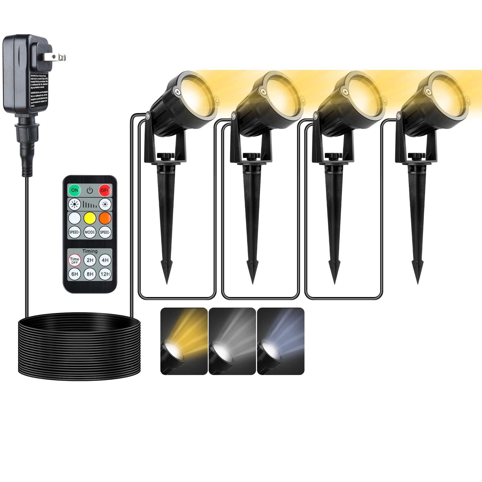12W COB LED Waterproof Outdoor Garden Lights - 4 Pack Landscape Spotlights with Spiked Stand & Timer, Warm White/Daylight - Perfect for Lawn, Pathway, Patio, and Backyard Decoration