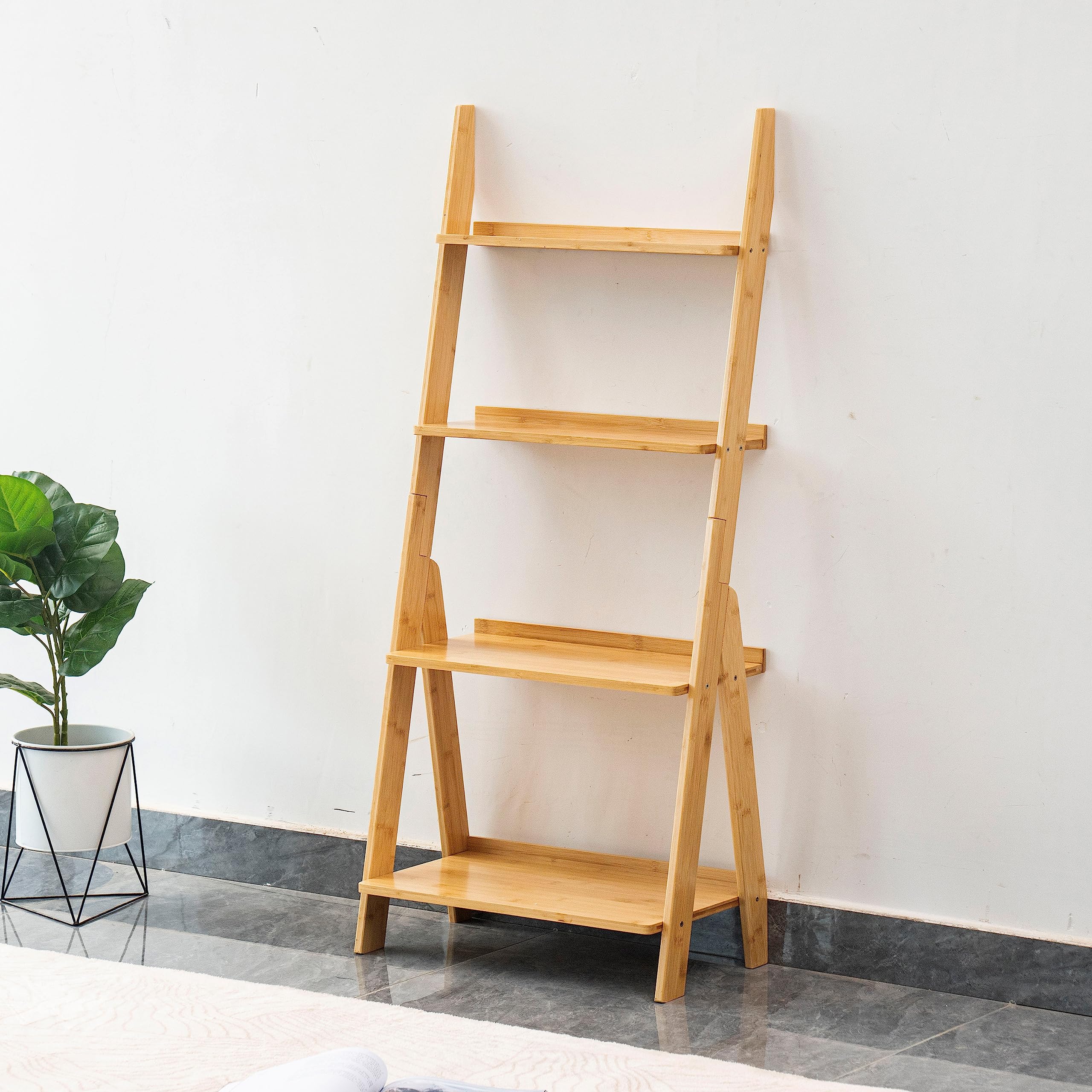 DOUSY 4-Tier Bamboo Ladder Shelf - Freestanding Bookcase & Plant Stand for Home Decor | Storage Organizer for Living Room, Office, Bedroom, Balcony | Natural Wood Display Shelf for Books, Flowers & Decorative Items