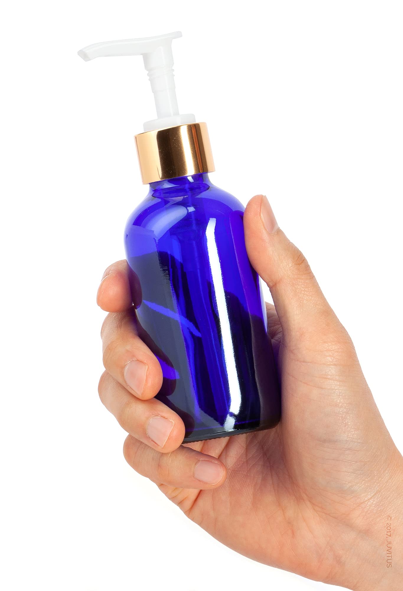 (12 Pack) 4 oz Cobalt Blue Glass Boston Round Bottle with Gold Lotion Pump & Funnel - Perfect for Essential Oils, DIY Skincare, and Hand Sanitizer Dispensers