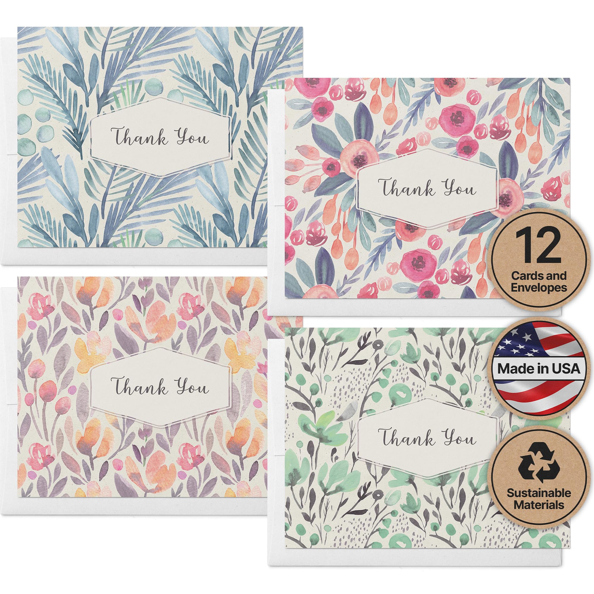 Eco-Friendly Floral Thank You Cards Set of 12 with Envelopes - 5.5