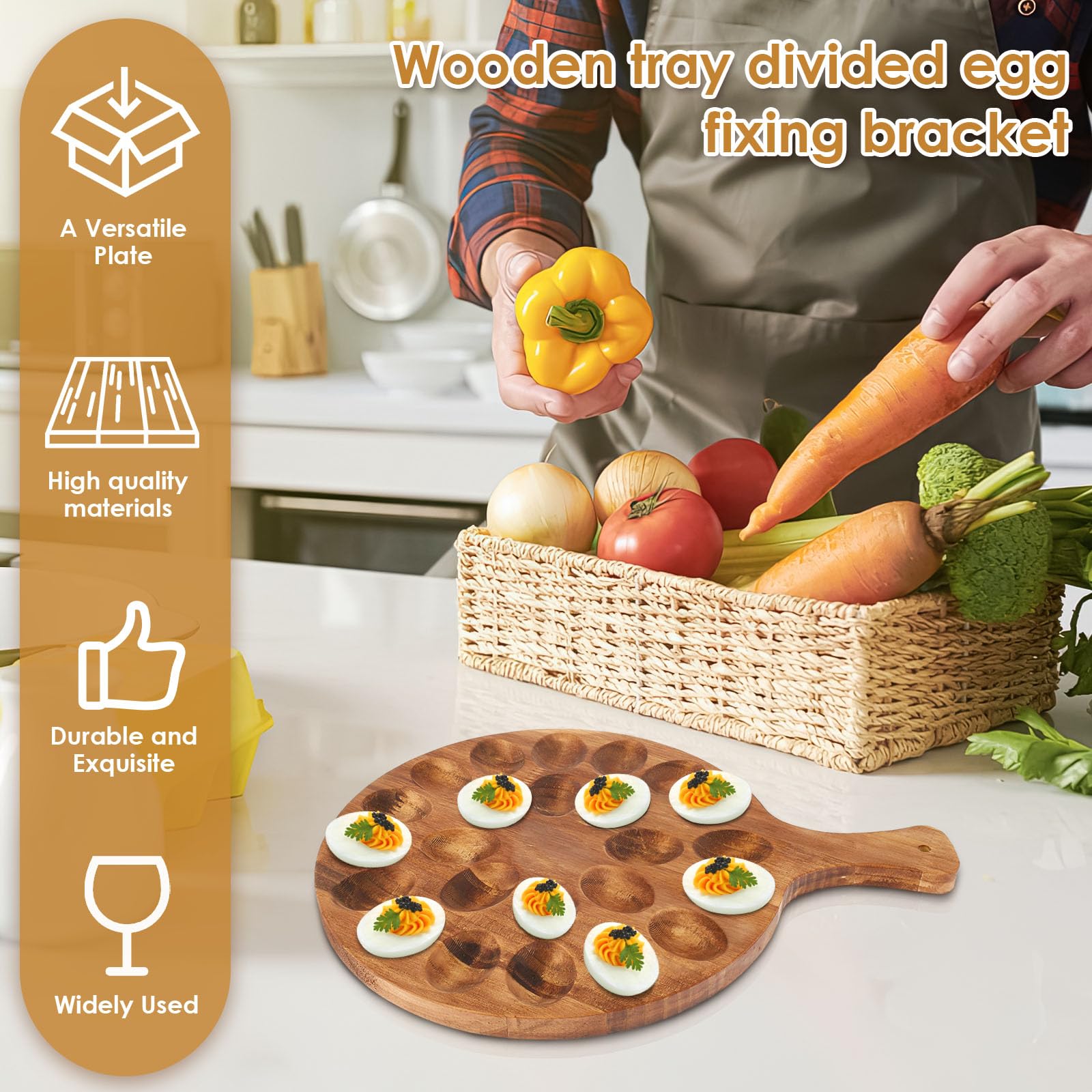 24-Slot Wooden Deviled Egg Platter Tray - 16x11.8x0.38 Inch Round Charcuterie Board with Egg Holder - Perfect for Easter Parties, Picnics & Holiday Serving (Cutting & Serving Board for Appetizers)