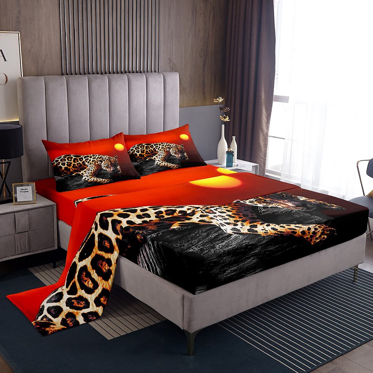 Erosebridal 3D Cheetah Print Queen Size Bed Sheet Set - Soft Leopard Pattern Bedding with Deep Pocket (Fitted Sheet, Flat Sheet & 2 Pillowcases) - Wild Animal Print Sheets for Kids, Teens & Adults - Perfect for Jungle Themed Bedrooms, Safari Decor, Wild Animal Lovers & Cozy Home Decor - Ideal for Guest Rooms, Dormitories, and Themed Party Decorations - Great for Wild Animal Theme Parties, Kids' Rooms, and Safari Adventure Bedrooms