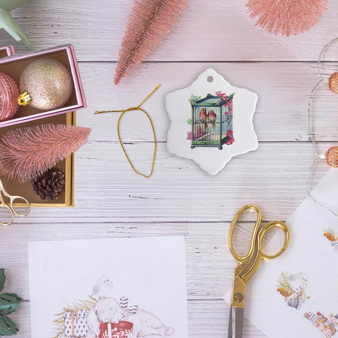 3D Victorian Birds and Cage Pink Green Yellow Snowflake Ornament - 3 Inch Christmas Tree Decoration for Holiday Home Décor, Gift, and Party Decorations