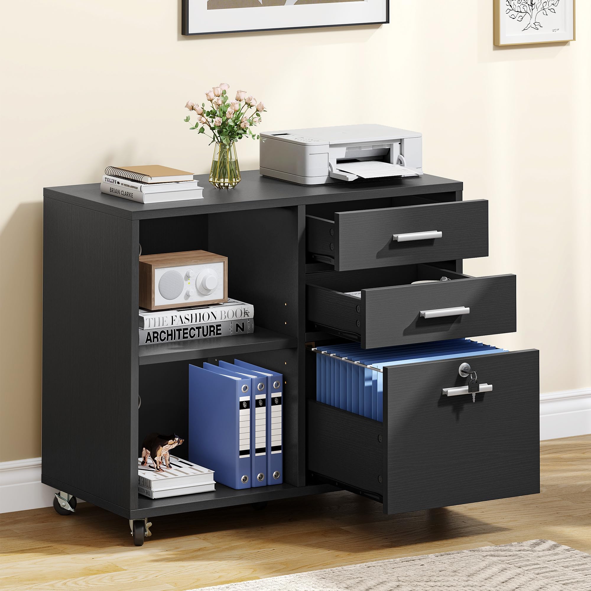 YITAHOME 3-Drawer Wooden File Cabinet with Lock - Mobile Lateral Storage Cabinet & Printer Stand for Home Office Organization - Black Office Furniture - Perfect for Document Storage, Printer Placement & Workspace Organization