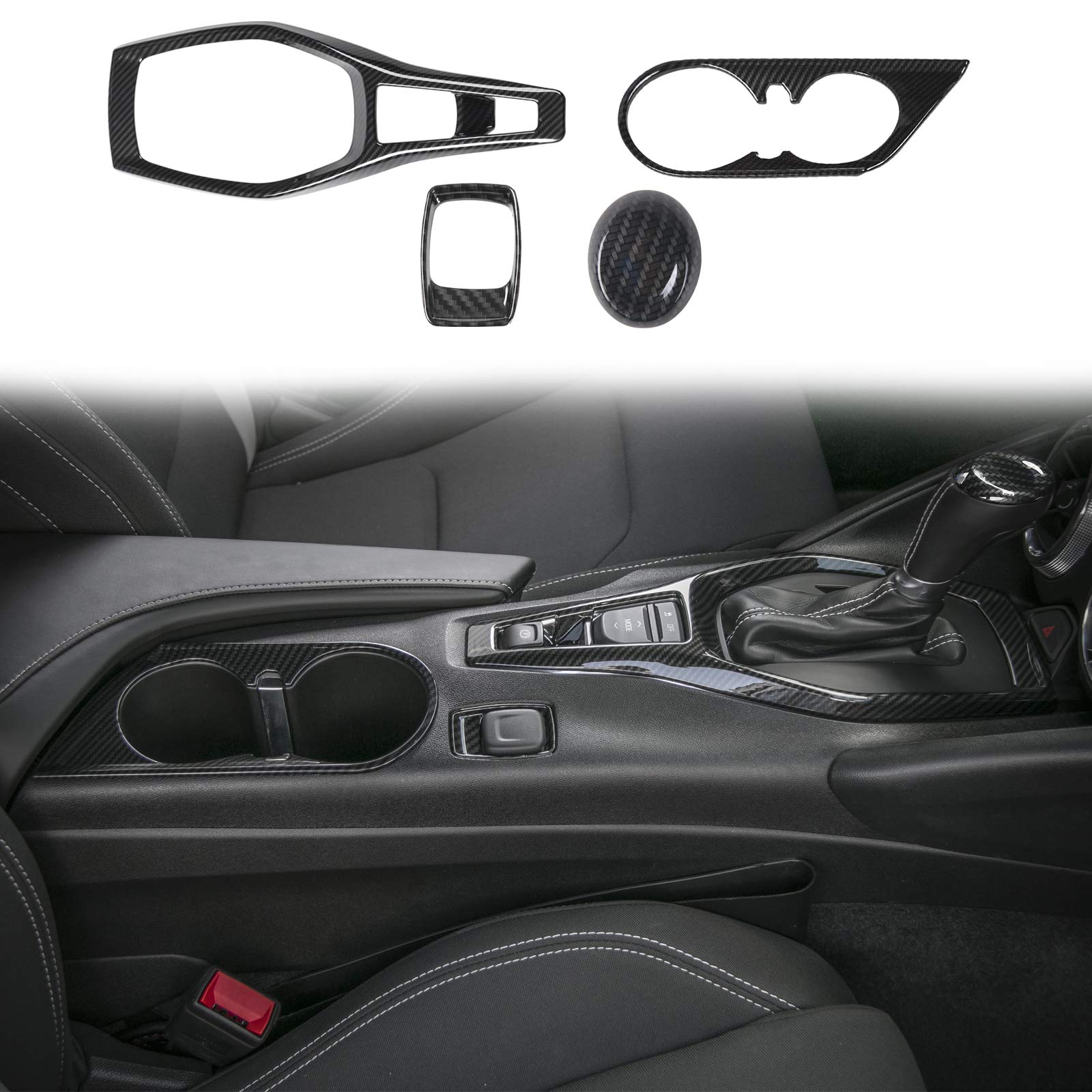 Carbon Fiber Black ABS Interior Kit for Chevy Camaro 2017-2023 - 4Pcs Gear Panel Cover, Cup Holder & Cigarette Lighter Decoration - Stylish Upgrade for Car Enthusiasts & Daily Driving Comfort