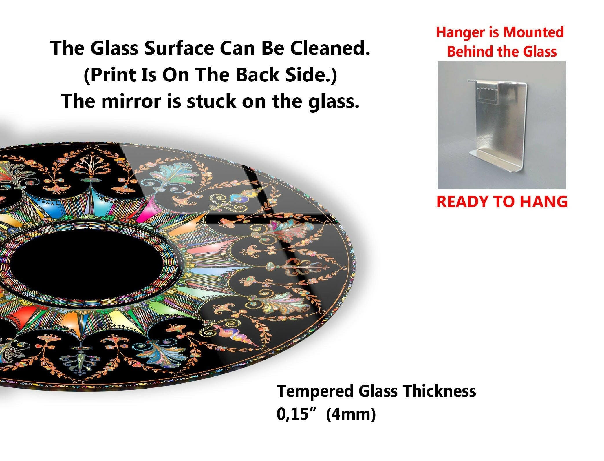 Black Mandala Round Glass Wall Art - Handmade Bohemian Decor for Living Room, Bedroom & Meditation Space