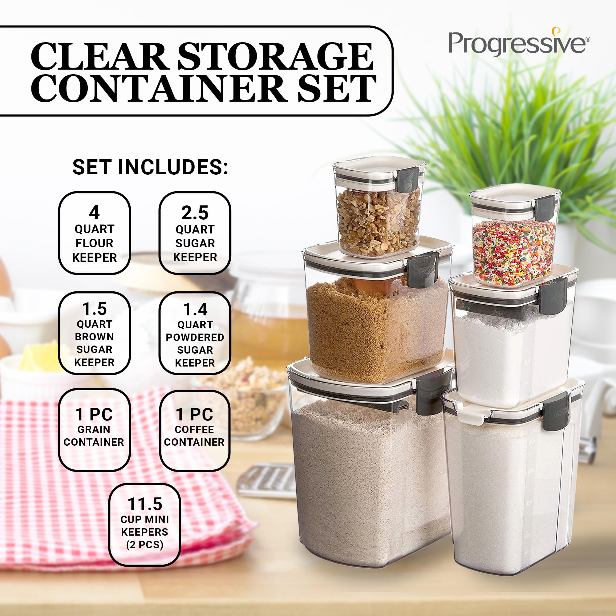 Progressive ProKeeper Airtight Food Storage Containers Set - 8-Piece Multicolor Canisters for Flour, Sugar, Baking Ingredients | BPA-Free Kitchen Organization | Perfect for Pantry, Countertop & Baking Needs