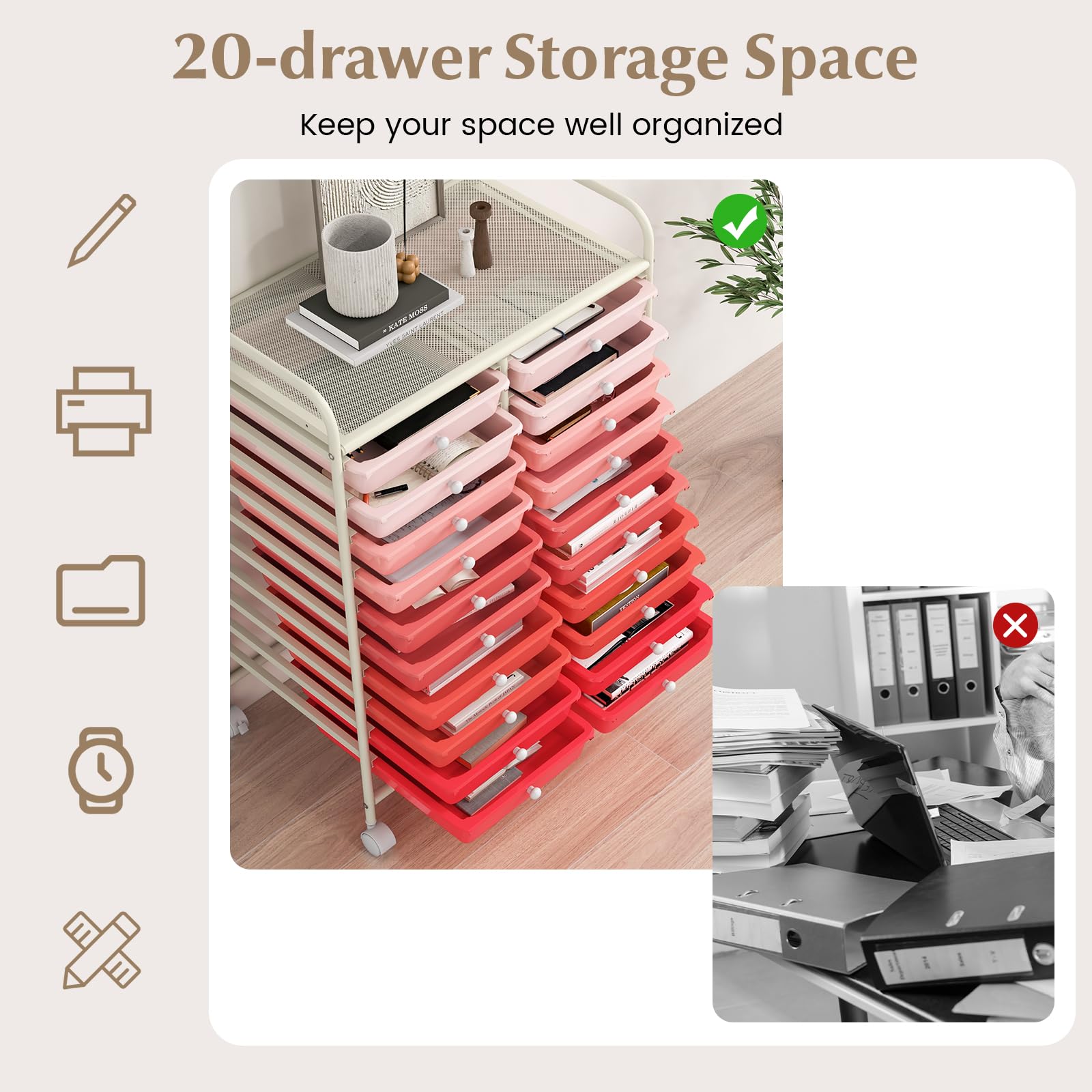 20-Drawer Rolling Storage Cart with Lockable Wheels - Multicolor 20-Tier Organizer for Files, Office Supplies & Debris - Perfect for Office, School & Home Organization - Gradient Pink Design