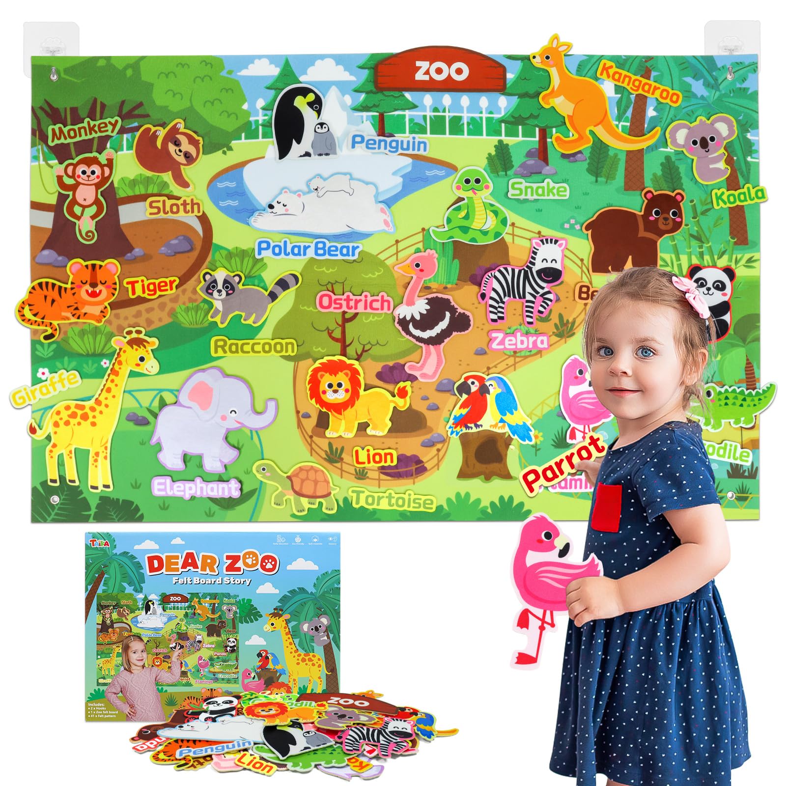 43x28 Inch Zoo Animals Felt Story Board Set - 41Pcs Jungle Animals Flannel Board for Preschool Learning | Interactive Storytelling Teaching Kit | Thick Felt Play Activity for Kids Classroom & Homeschool