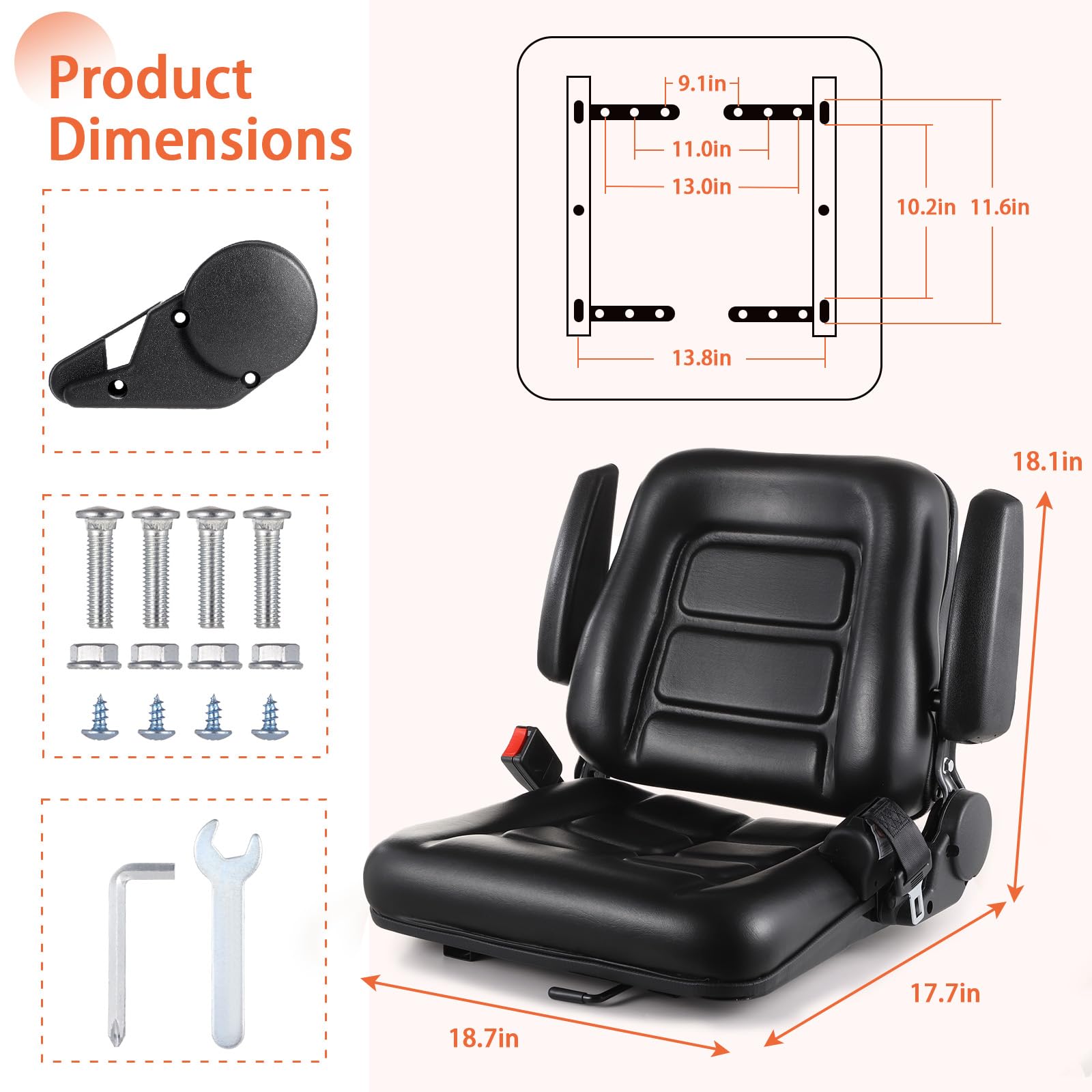Universal Forklift Seat - Adjustable Folding Tractor Seat with Backrest & Armrest | Heavy-Duty Replacement Seat for Forklifts, Excavators, Skid Steers, Backhoes, Dozers & Telehandlers | Ideal for Construction, Agriculture & Industrial Equipment