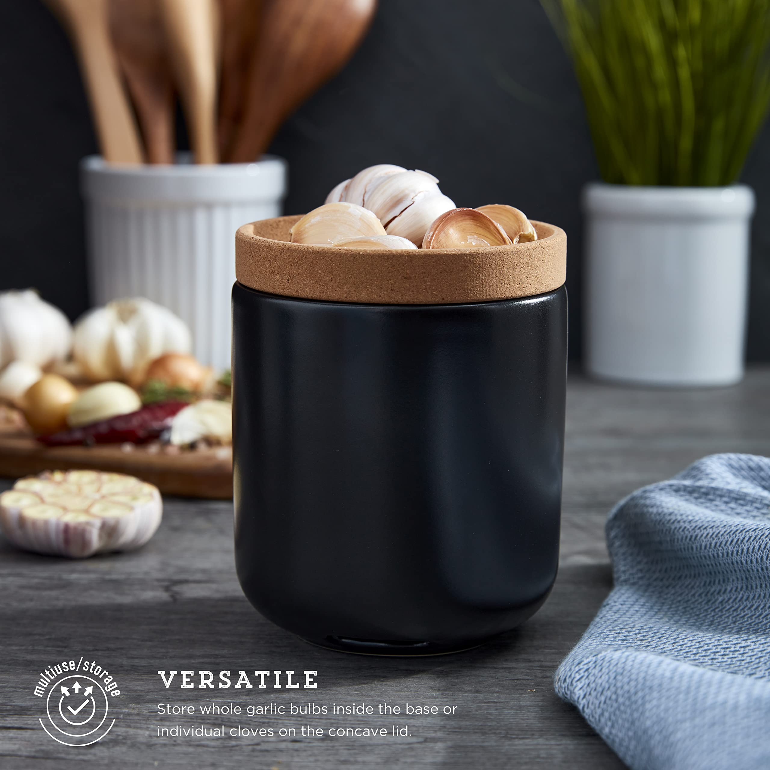 Ceramic & Cork Breathable Garlic Keeper - Stackable Space Saving Design with Natural Cork Lid & Black Ceramic - Perfect for Kitchen Storage, Pantry Organization & Keeping Garlic Fresh Longer