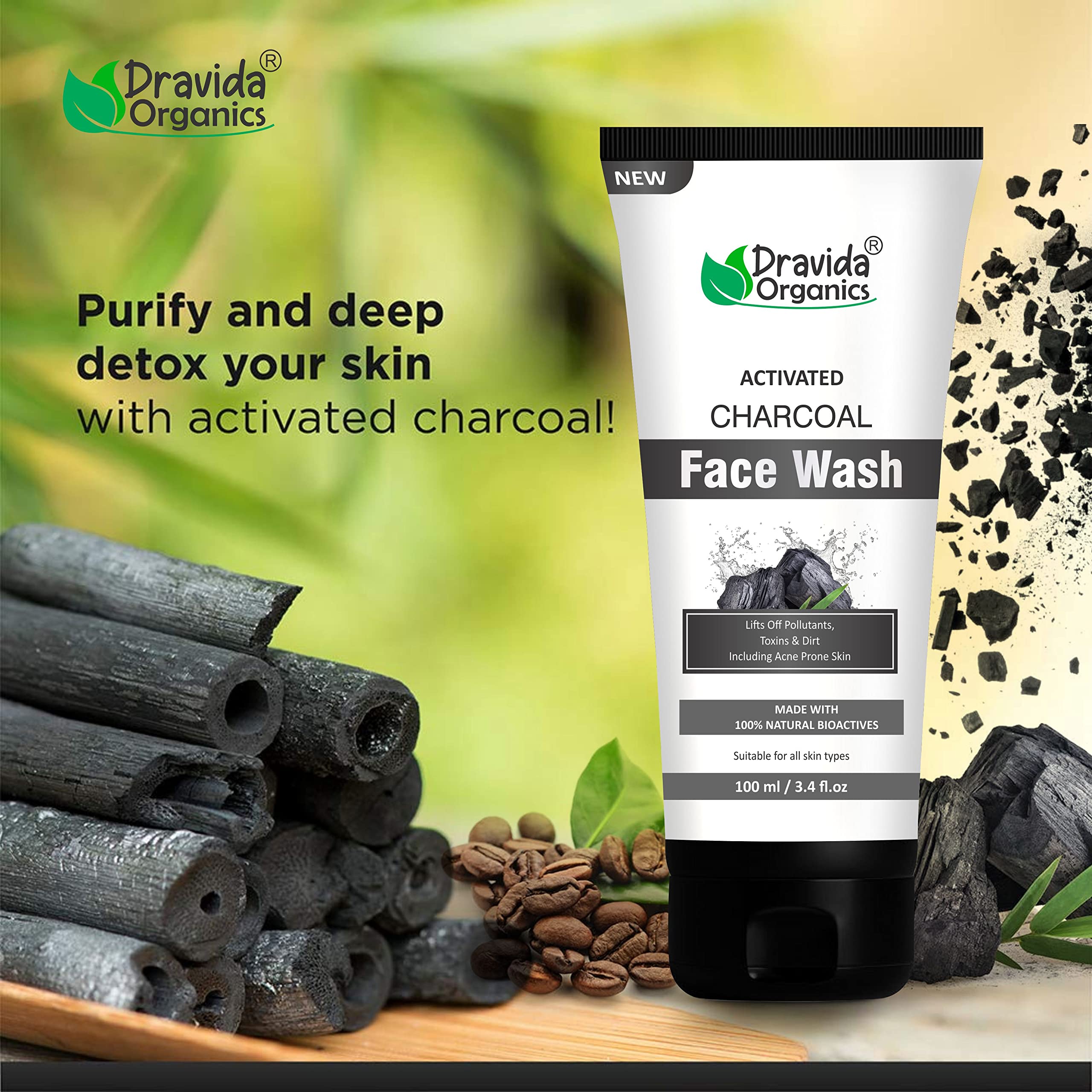 Dravida Organics Charcoal Face Wash for Oily Skin - Activated Charcoal & Coffee Infused Deep Cleansing Facial Cleanser (100ml) - Best for Acne Prone Skin & Blackhead Removal - Daily Skincare Routine