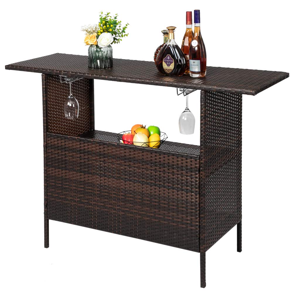 Premium Rattan Bar Counter - Outdoor Wicker Bar Table with 2 Storage Shelves & Stainless Steel Cup Holders - Patio Garden Furniture for Entertaining, Poolside Drinks & Backyard BBQs