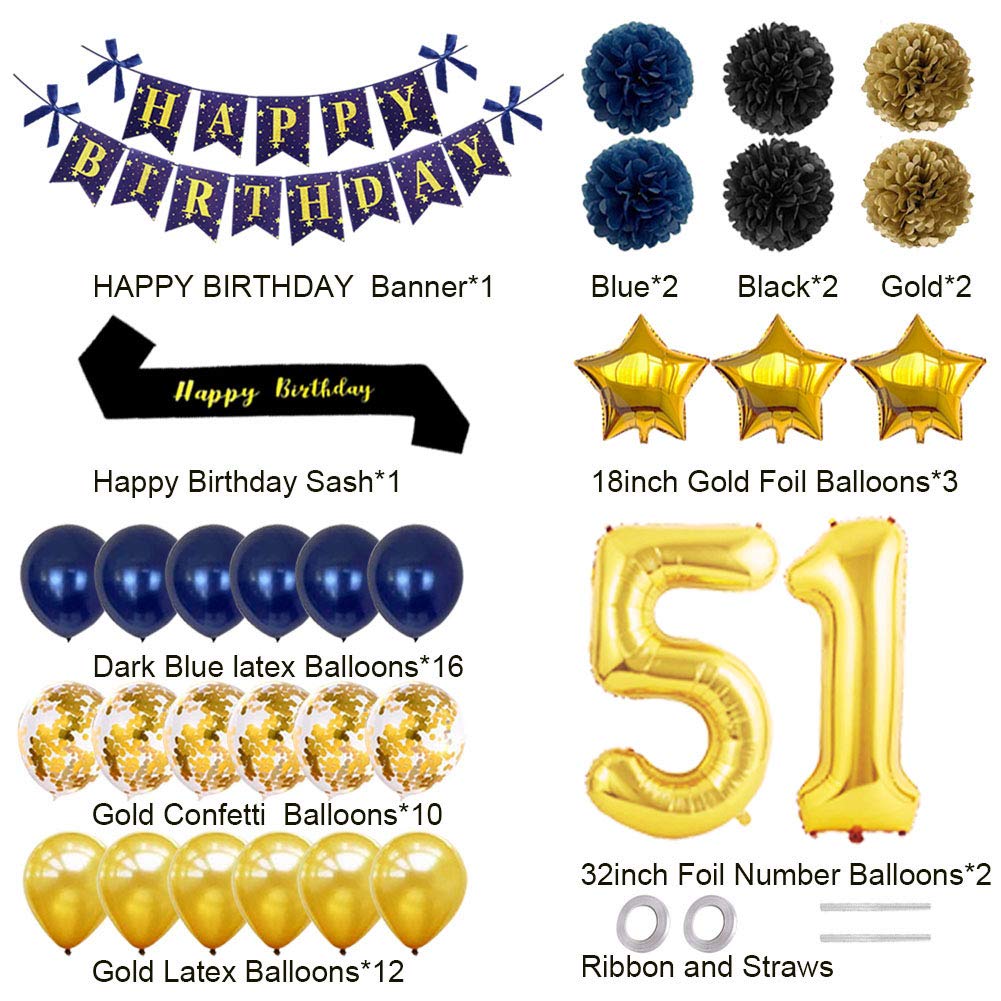 51st Birthday Party Decorations - Gold Happy Birthday Banner, Number 51 Balloons, Sash & Confetti - Perfect for 51 Year Old Celebration Supplies (Dark Blue) - Ideal for Milestone Birthdays, Retirement Parties & Anniversary Decor