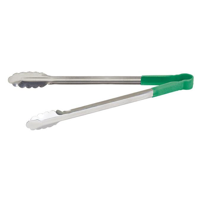 Winco 16-Inch Heat Resistant Stainless Steel Kitchen Tongs with Green Non-Slip Handle - Heavy Duty Cooking Utensil for Grilling, BBQ, Serving & Food Prep