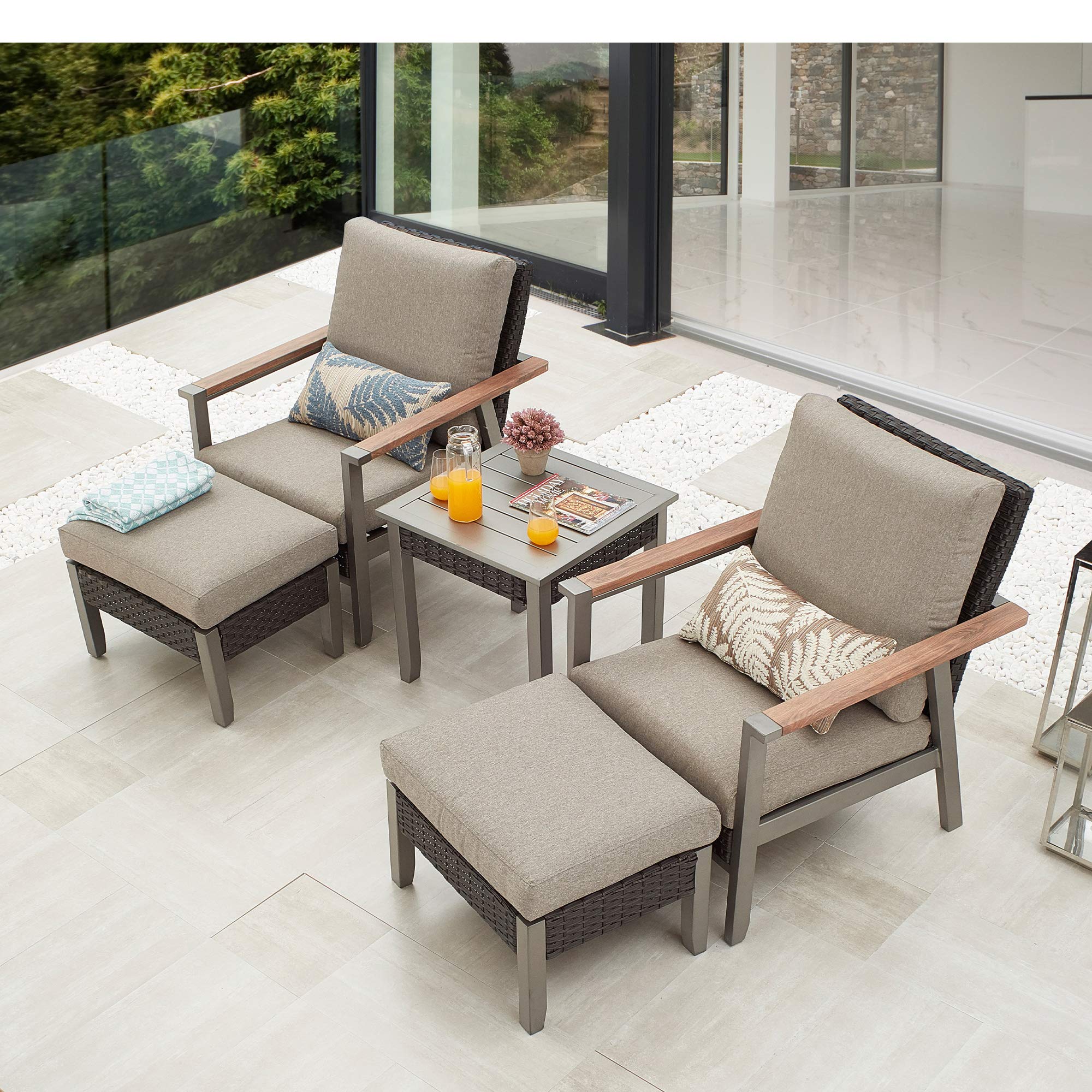 5-Piece Outdoor Patio Furniture Set with Conversation Chairs, Cushions, Ottomans & Square Coffee Table - Metal Frame Garden Bistro Seating with Thick Soft Cushions (Grey) - Perfect for Backyard, Poolside, and Outdoor Entertaining