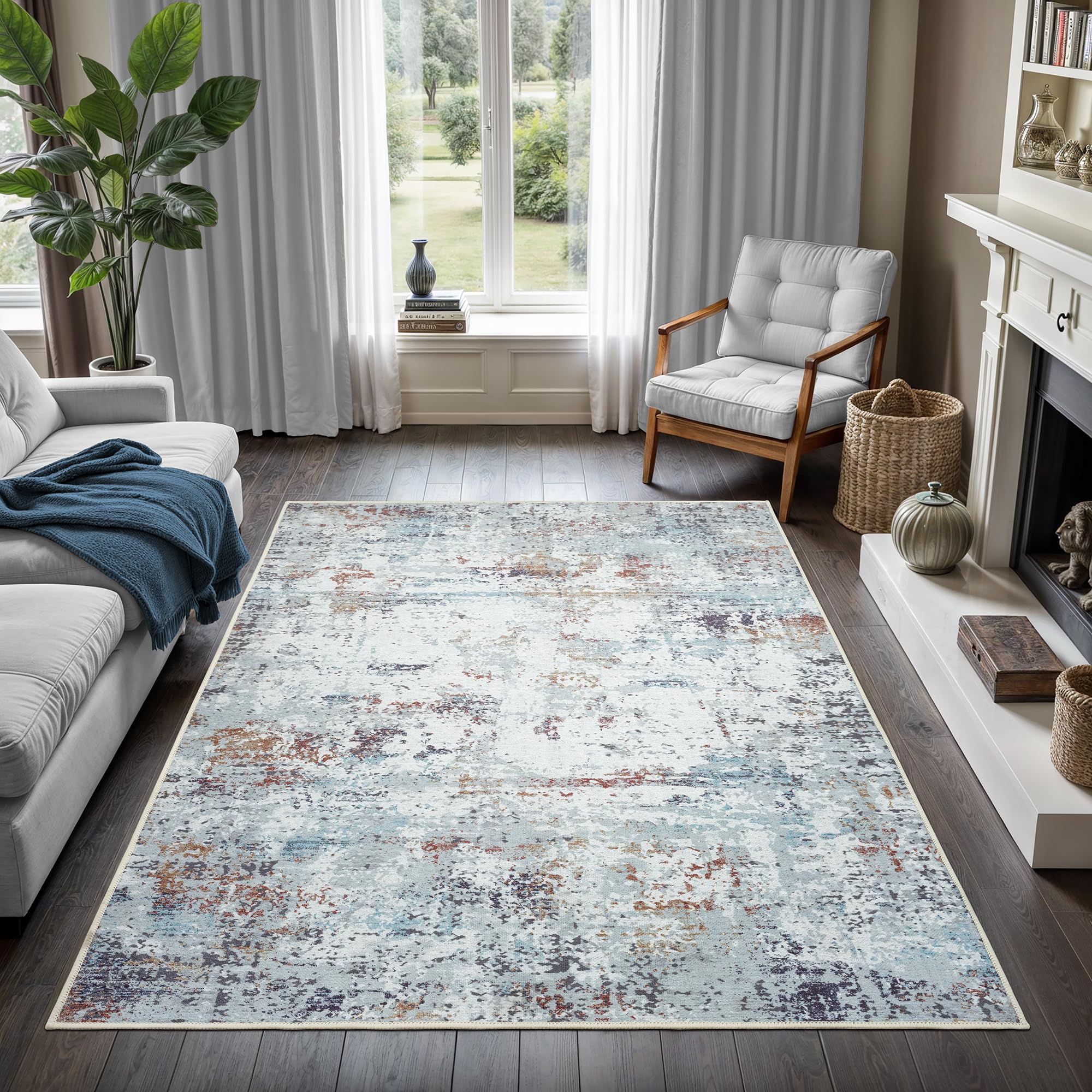 GLN Rugs Contemporary Collection - Machine Washable Modern Abstract Area Rug, Non-Slip Living Room Rug, Bedroom & Bathroom Carpet (5'3